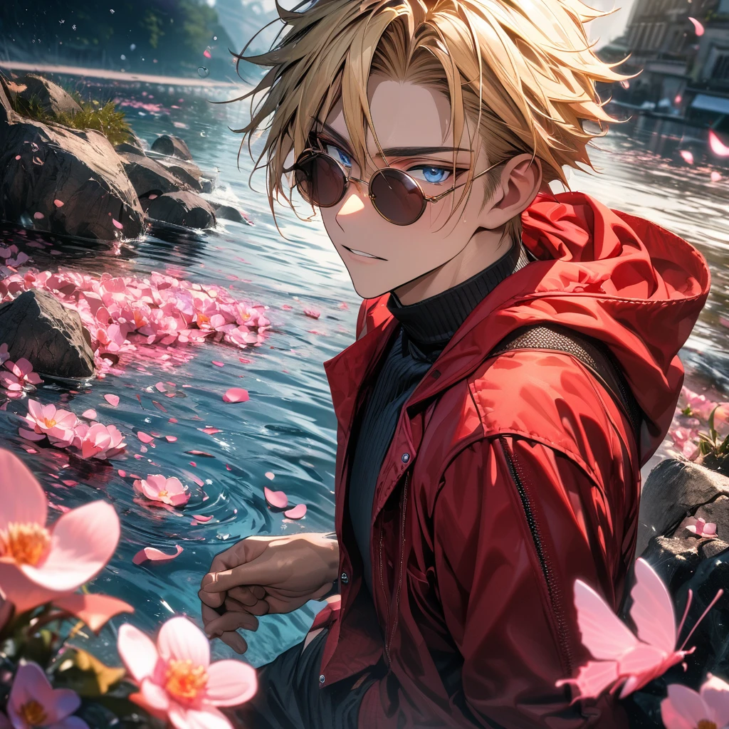 absurdres, highres, ultra detailed, HDR), master piece, best quality, Vash Stampede, blond hair, expressive blue eyes, amber round sunglasses, red jacket with a hoodie, black turtleneck shirt, 1man, handsome, water, pink petals, pink flowers, pink butterflies