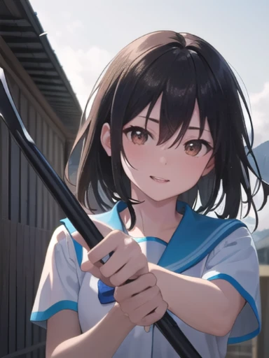 masterpiece, highest quality, super detailed, shine, shine光, ray tracing, Depth of the bounds written, (perfect face, detailed face, fine eyes,perfect handium :0.7),8k,super realistic face,ray tracing,perfect lighting,highest quality, super detailed, shine目, (looking at the viewer,smile:1.1), ((1 girl)), smile, brown eyes, polearm, weapon, holding weapon, holding, spear, black hair、hair between eyes、orange eyes、sailor color、white shirt、short sleeve、blue skirt、plaid skirt、black socks、loafers, smile, blush, outdoor, Day, simple background,looking at the viewer, moody lighting, , smile, blush, outdoor, Day, simple background, blue sky, empty, temple, looking at the viewer, stage, Mountain, moody lighting, face-to-face audience,