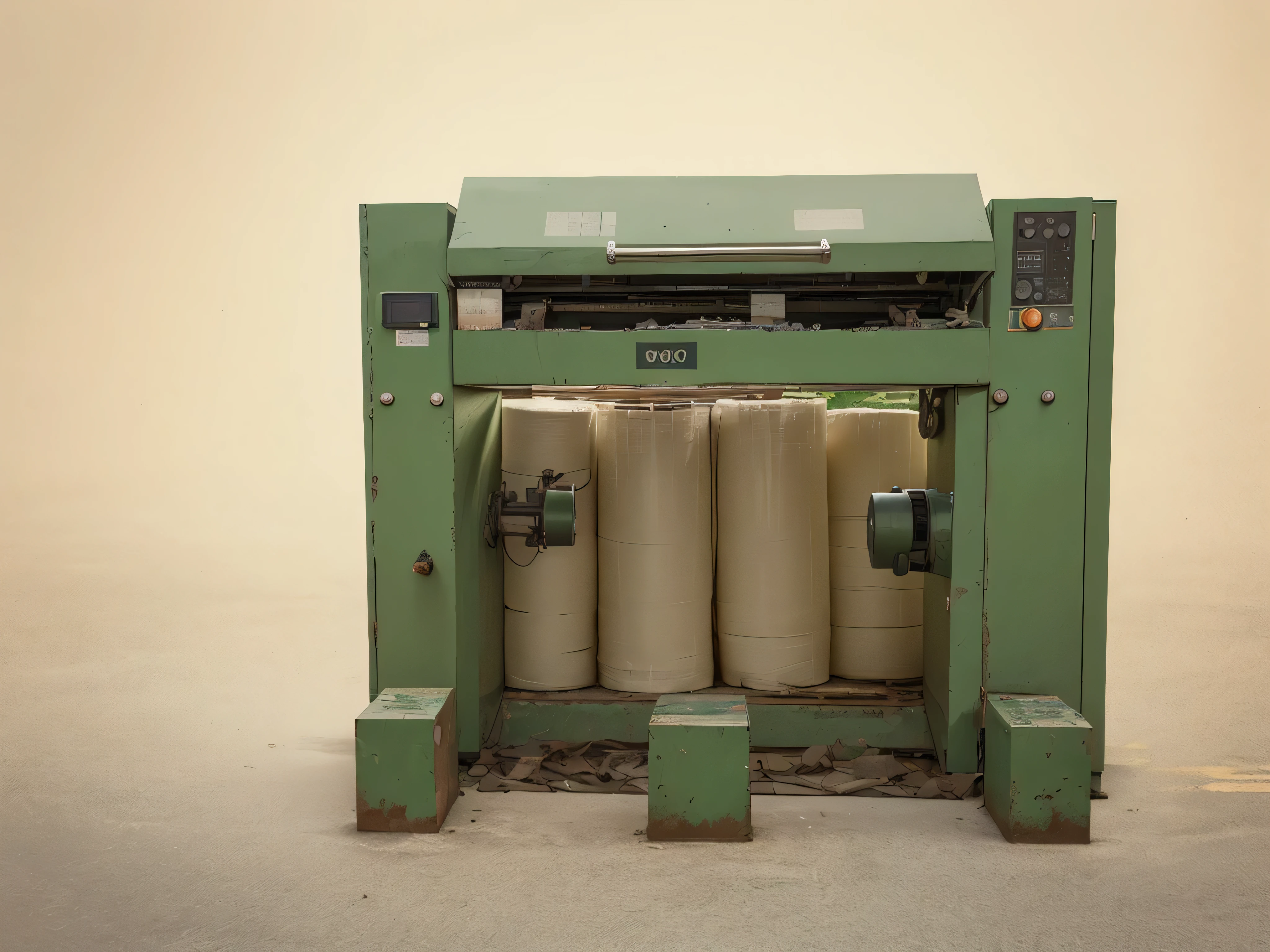 there is a machine that is sitting on a table with some rolls, The photo shows a large, Post-processing, machine, industrial machinery, overload, Clean post-processing, a large portrait, after a war, Paper, portrait n-9, multi-part, musical instrument, At the factory, post-processed, machine3, heavy, high detail