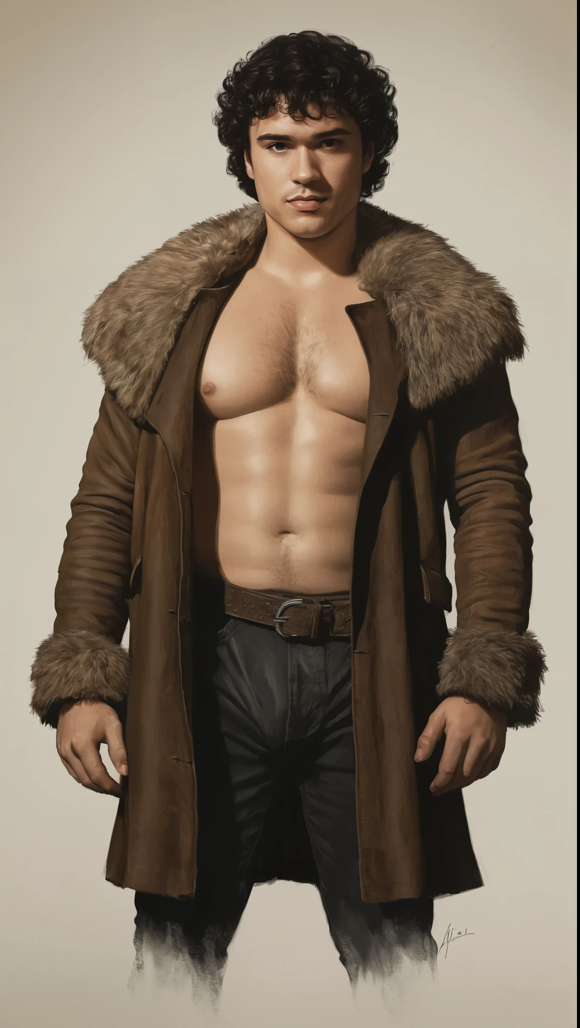 An illustrated movie poster, hand-drawn, full color, a Westerosi man, 28 years-old, wearing a suede coat, resembles Gavin Leatherwood, sun-tanned skin, chubby face, stocky physique, deep brown eyes, wide bulbous nose, black hair, curly hair, thick bushy eyebrows, extremely hairy chest, stomach, and arms, lots of body hair, posing on a pedestal, hard shadows, graphite shading, stencil markings, airbrushed acrylic paint, masterpiece, in the style of Game of Thrones