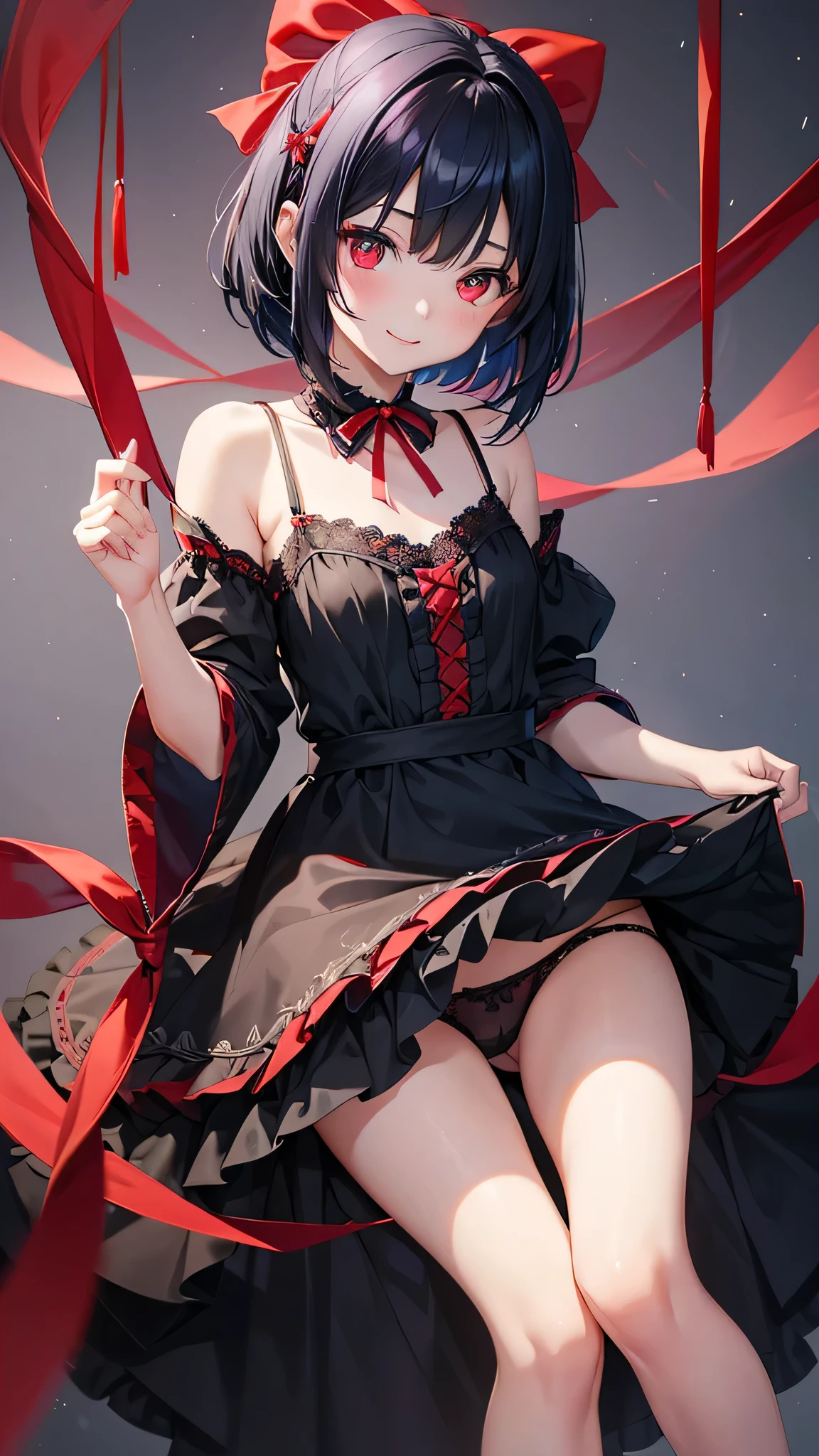 Very beautiful girl、((11 years old))、Blue-black hair、bob hair、red eyes、(hanging eyes、Sharp eyes half-open)、(Black with red ribbon dress)、white lace panties、I can see your panties、smile、night