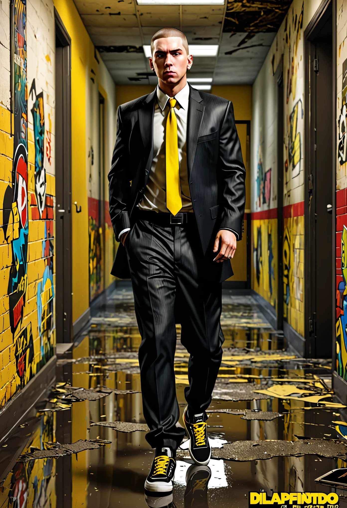 GTA art style, eminem looking left, with a short brown haircut and a soul patch, wearing a black suit, black shirt, black and yellow sneakers, and a yellow tie, walking in a dilapidated office building hallway with open doors and yellow curtains in the background, comic book style epic realistic, foto, desbotado, cores neutras, hdr, cores mudas, cena intrincada, artstation, detalhes intrincados, vinheta, detailed, detailed face, intricate, vivid colors