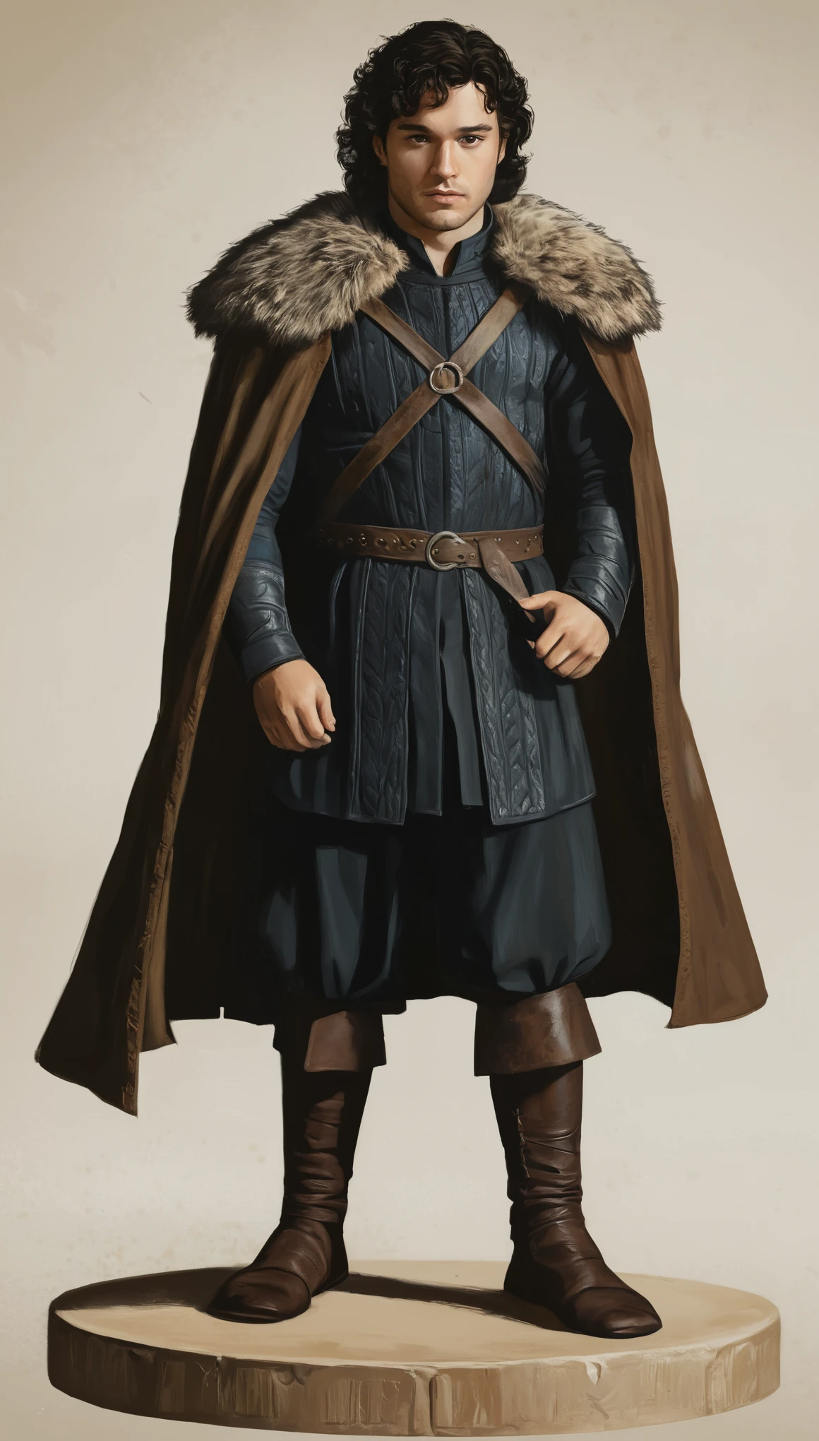 An illustrated movie poster, hand-drawn, full color, a Westerosi man, 28 years-old, wearing a medieval long coat and ankle-banded pants, resembles Gavin Leatherwood, sun-tanned skin, chubby face, stocky physique, deep brown eyes, wide bulbous nose, black hair, curly hair, thick bushy eyebrows, extremely hairy chest, stomach, and arms, lots of body hair, posing on a pedestal, hard shadows, graphite shading, stencil markings, airbrushed acrylic paint, masterpiece, in the style of Game of Thrones