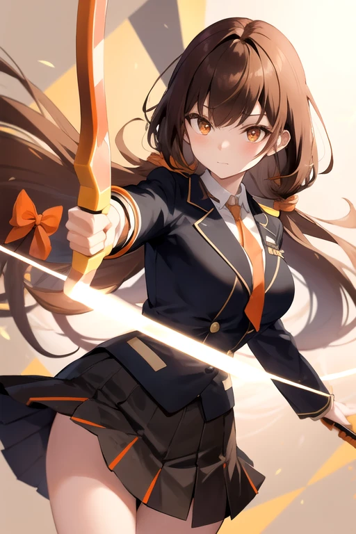 a cartoon woman in uniform holding a bow and arrow in front of her, kureha touka, 1girl, solo, teenager, yo, large breasts, orange pleated skirt, lightbrown hair, long hair diagonal bangs, gold eyes,  black blazer, pleated skirt, white things high, orange neckties, collerd shirts, ,