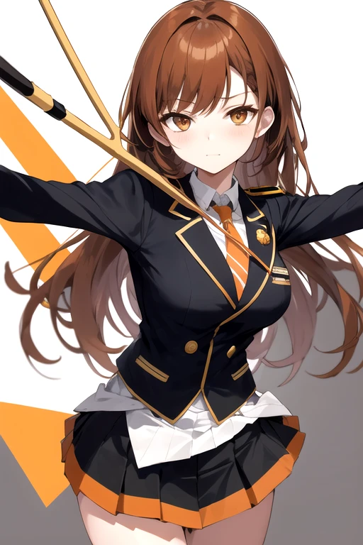 a cartoon woman in uniform holding a bow and arrow in front of her, kureha touka, 1girl, solo, teenager, 17yo, large breasts, orange pleated skirt, lightbrown hair, long hair diagonal bangs, gold eyes,  black blazer, pleated skirt, white things high, orange neckties, collerd shirts, ,