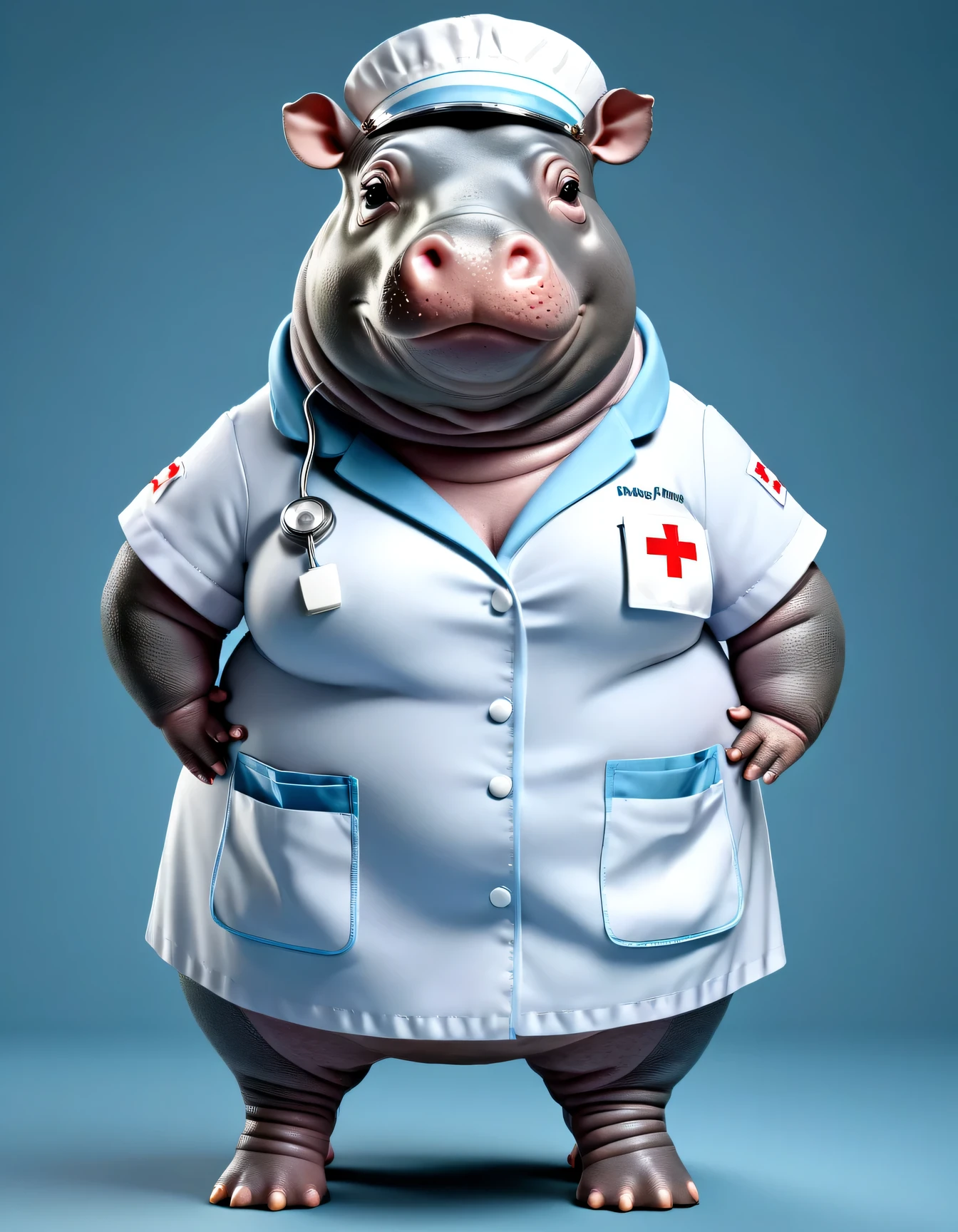 photorealistic portrait of Dressed animals - a ((fat)) hippo nurse,(hands on hips:1.2 ),(), high quality,(lovely) ,intricate details, highly detailed ((female nurse costume)), wearing nurse cap , highly detailed medical equipment , (happy), studio lighting,(full body image:1.5),(simple background)