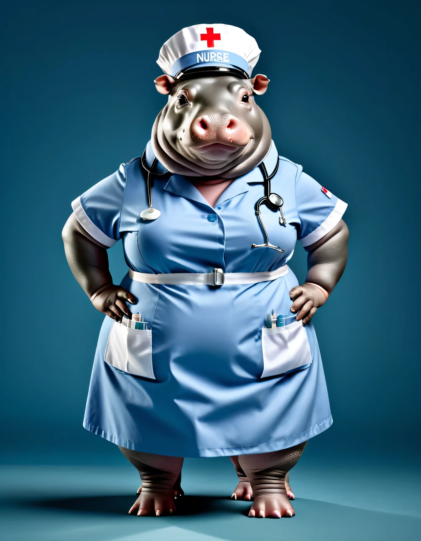 photorealistic portrait of Dressed animals - a ((fat)) hippo nurse,(hands on hips:1.2 ),(), high quality,(lovely) ,intricate details, highly detailed ((female nurse costume)), wearing nurse cap , highly detailed medical equipment , (happy), studio lighting,(full body image:1.5),(simple background)