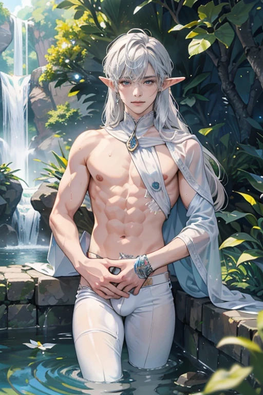 (Masterpiece, high resolution, Very detailed:1.0), (1 boy, young man), Perfect male body, (adult male elf:1.3), Delicate eyes and delicate face, CG ที่Very detailed, unity wallpaper 8k, complicated details, detailed face, (Silver eyes, eyes looking at the camera, sexy smile, seductive expression, half closed eyes, long hair, half in the water, topless, shower, Wet hair and body), Wearing torn, ripped white underwear.((((Convex crotch)))),outdoor, Flowers and trees, waterfall, Portrait, color difference, depth of field, Stunning shadow, Ray Tracing, best quality, movie light, official art,full body image,Decorate crystals in the air