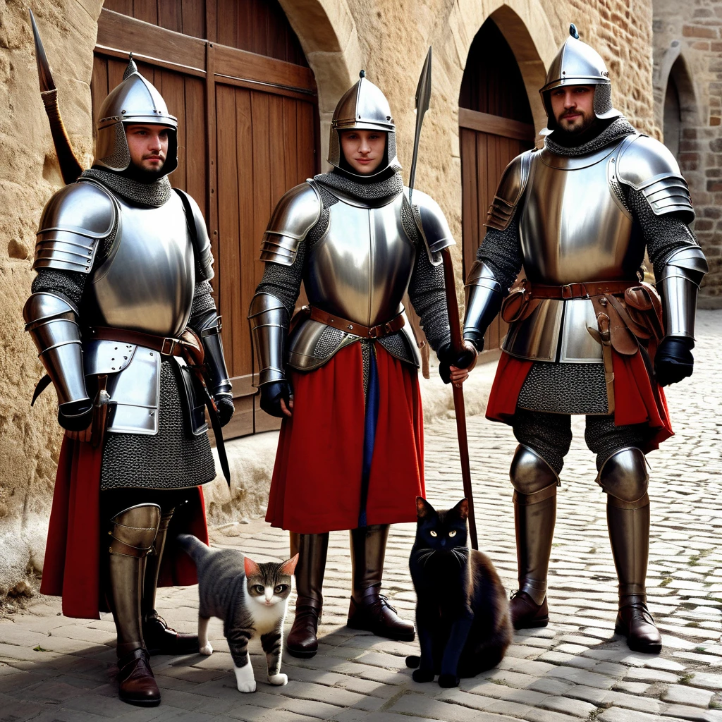 A photorealism, medieval scene. A couple soldiers with the leaders a cat. This cat is fully armoured and has a perfect spear from fork.