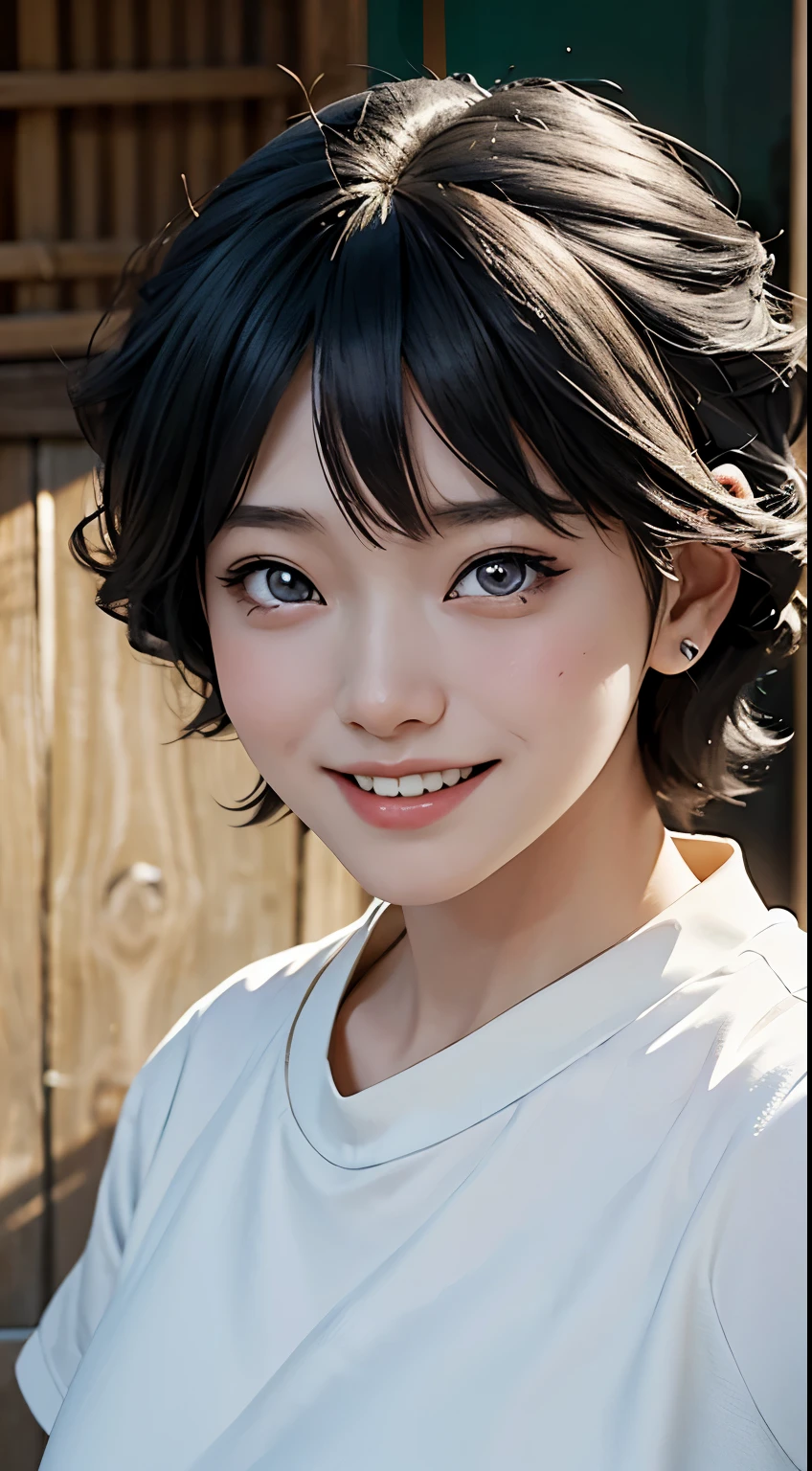 Uzumaki Himawari, an anime character, is depicted in a realistic depiction wearing a plain white t-shirt while taking a selfie with a bright and smiling expression. This work of art skillfully plays with light and shadow to enhance her natural beauty, showcasing her perfect, highly detailed features. Uzumaki Himawari's face radiates beauty, and her flawless skin is depicted with precision, complemented by stylish medium hair for a striking and realistic depiction.short perffeck .quality detailed