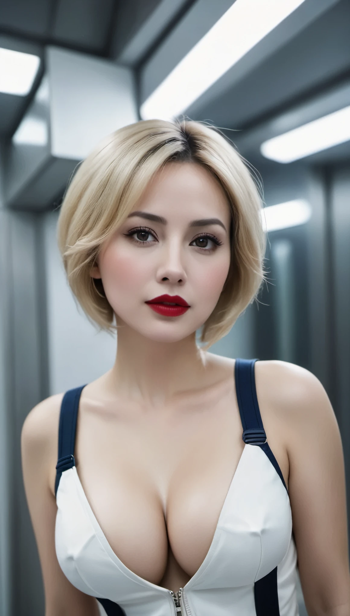 (((surreal woman)))、((very beautiful 30 year old white woman))、(((Big big cleavage)))、(((woman astronaut)))、(((Big big cleavage)))、
short hair、blonde mature、Chubby body type、beautiful expression、fine brown eyes、stay on a huge space station、red lips、(((Please put on your space suit)))、(((alone)))、