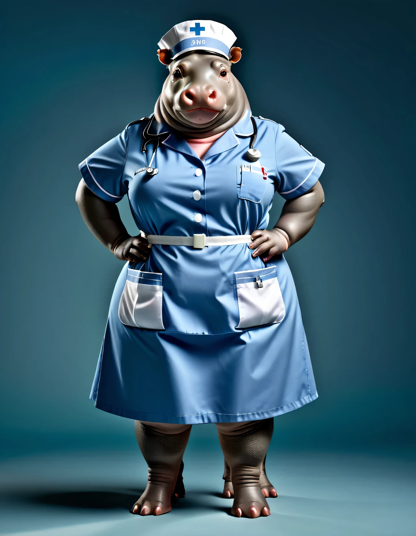 photorealistic portrait of Dressed animals - a ((fat)) hippo nurse,(hands on hips:1.2 ),(), high quality,(lovely) ,intricate details, highly detailed ((female nurse costume)), wearing nurse cap , highly detailed medical equipment , (happy), studio lighting,(full body image:1.5),(simple background)
