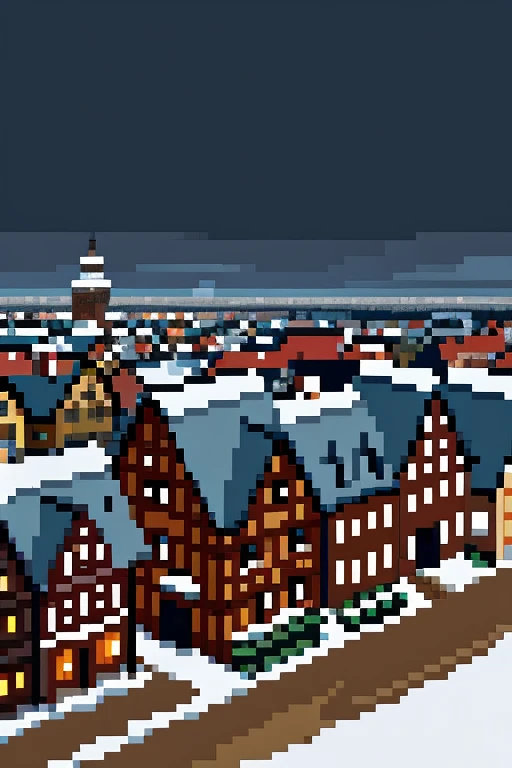 a view from above of a city covered in Bavarian half-timbered houses covered in snow and with a gray and dark sky and in pixel art