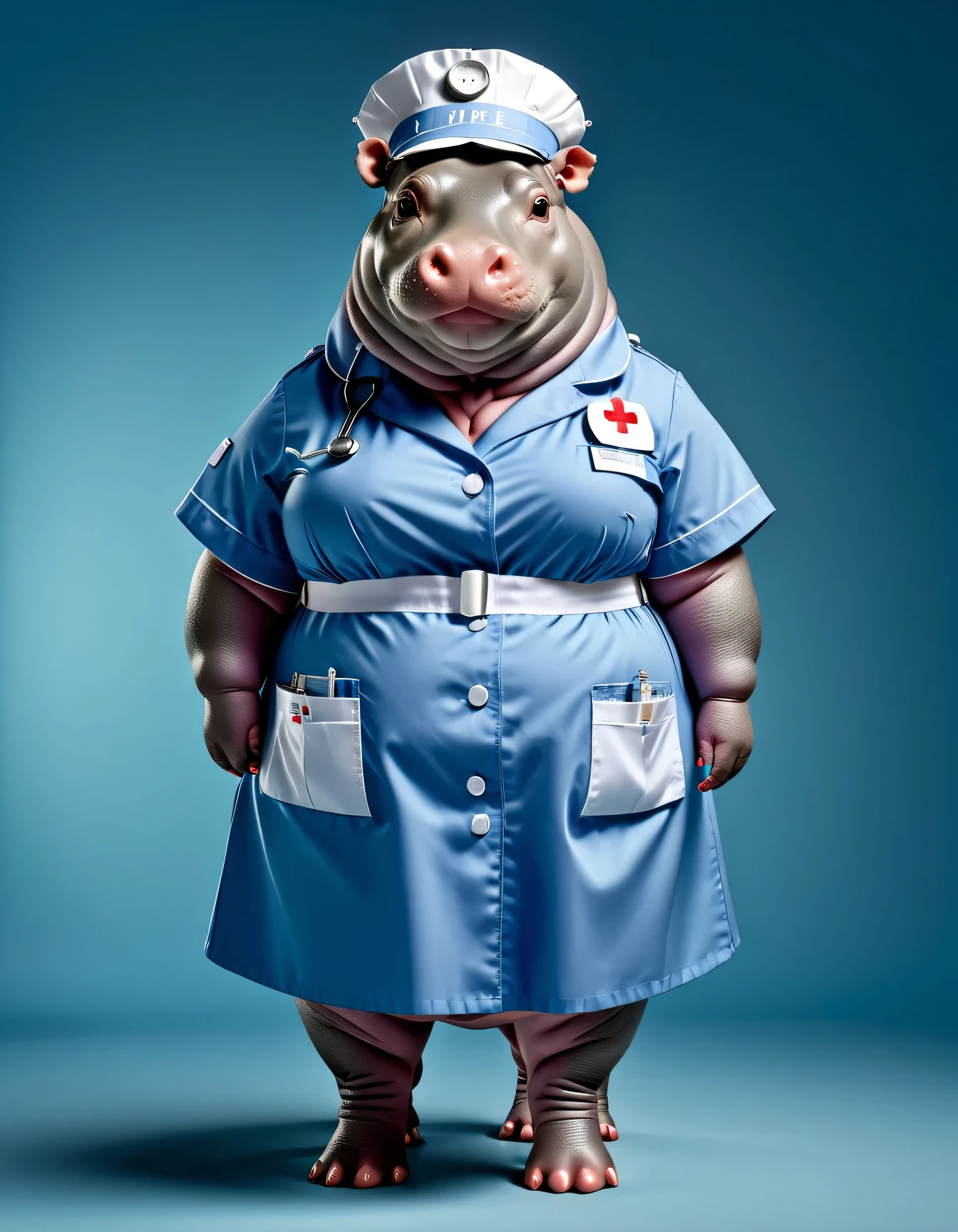 photorealistic portrait of Dressed animals - a ((fat)) hippo nurse,(elegant pose:1.2 ),(), high quality,(lovely) ,intricate details, highly detailed ((female nurse costume)), wearing nurse cap , highly detailed medical equipment , (happy), studio lighting,(full body image:1.5),(simple background)