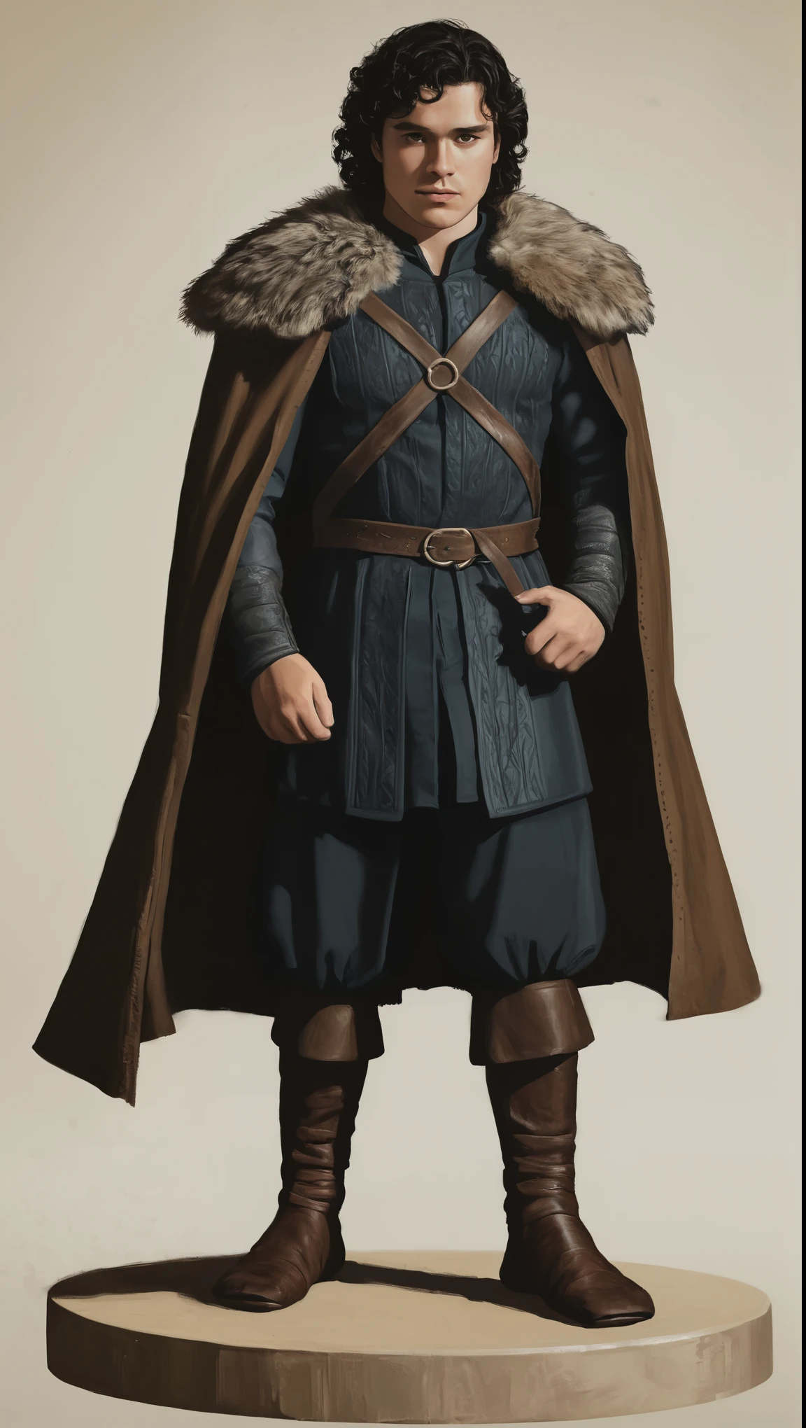 An illustrated movie poster, hand-drawn, full color, a Westerosi man, 28 years-old, wearing a medieval long coat and ankle-banded pants, resembles Gavin Leatherwood, sun-tanned skin, chubby face, stocky physique, deep brown eyes, wide bulbous nose, black hair, curly hair, thick bushy eyebrows, extremely hairy chest, stomach, and arms, lots of body hair, posing on a pedestal, hard shadows, graphite shading, stencil markings, airbrushed acrylic paint, masterpiece, in the style of Game of Thrones