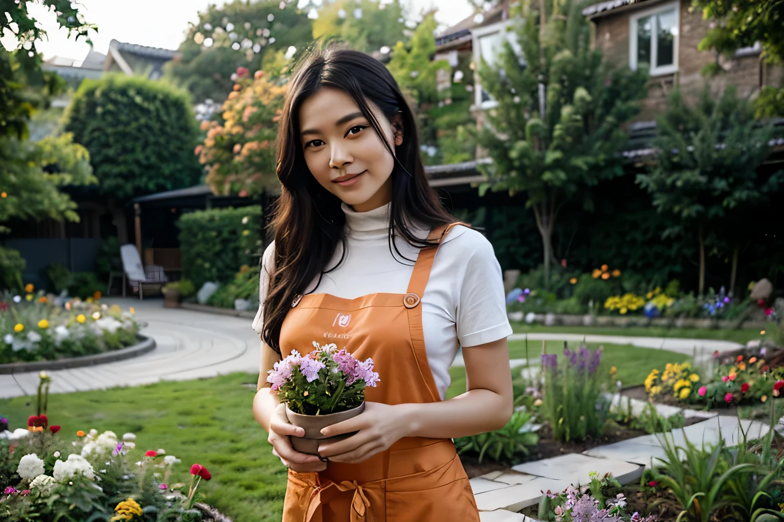 Super realistic, a Chinese woman is gardening in a beautiful garden with all kinds of flowers with gentle smile, black hair, perfect face, wearing orange color gardening apron, turtleneck T-shirt, holding a pot of flower, masterpiece,