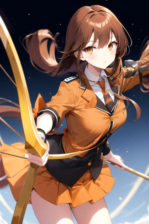 a cartoon woman in uniform holding a bow and arrow in front of her, kureha touka, 1girl, solo, ager, 17yo, large breasts, orange pleated skirt, lightbrown hair, long hair diagonal bangs, gold eyes, black blazer, pleated skirt, white things high, orange neckties, collerd shirts, ,