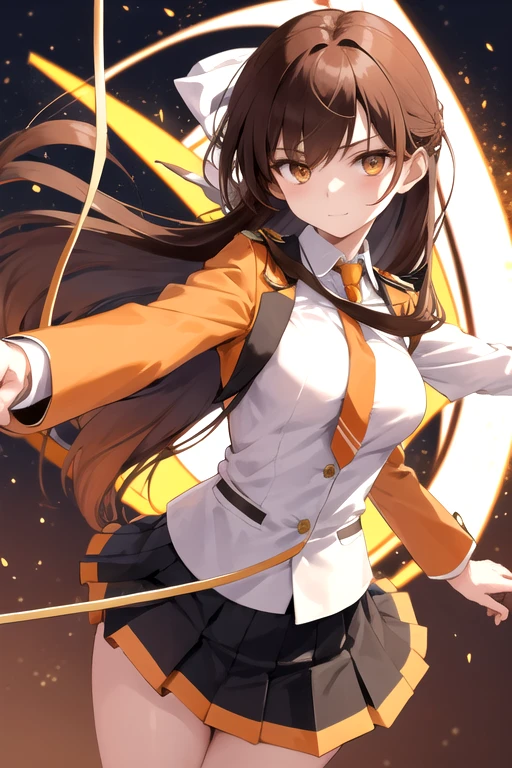 a cartoon woman in uniform holding a bow and arrow in front of her, kureha touka, 1girl, solo, teenager, 17yo, large breasts, orange pleated skirt, lightbrown hair, long hair diagonal bangs, gold eyes, black blazer, pleated skirt, white things high, orange neckties, collerd shirts, ,