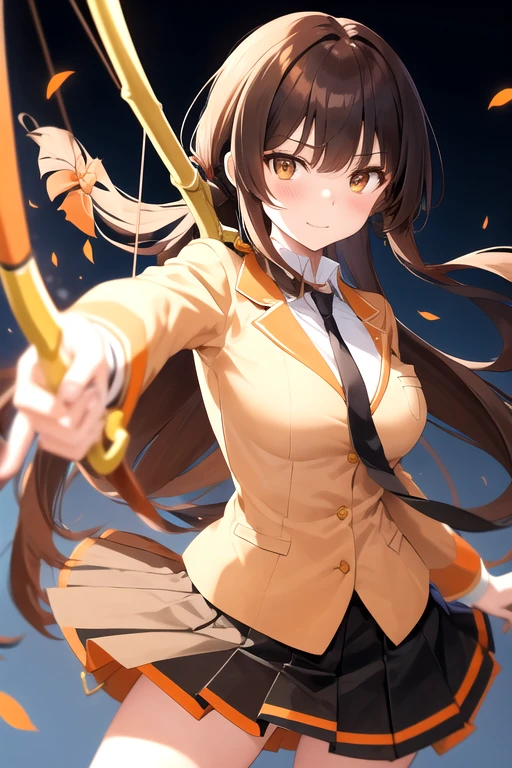 a cartoon woman in uniform holding a bow and arrow in front of her, kureha touka, 1girl, solo, teenager, 17yo, large breasts, orange pleated skirt, lightbrown hair, long hair diagonal bangs, gold eyes,  black blazer, pleated skirt, white things high, orange neckties, collerd shirts, ,