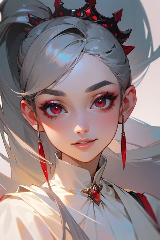 (highest quality, masterpiece:1.2), High resolution, Super detailed, realistic:1.37, fantasy, An illustration,gray hair、 red eyes、Queen, white dress.platinum decoration、beautifully、Eyeshadow Red、dark eyebrows、long eyelashes、pupils are black、shiny on the lips、upper site、Queen、Princess、ponytail、gentle smile、Show your teeth a little and smile、soft expression、