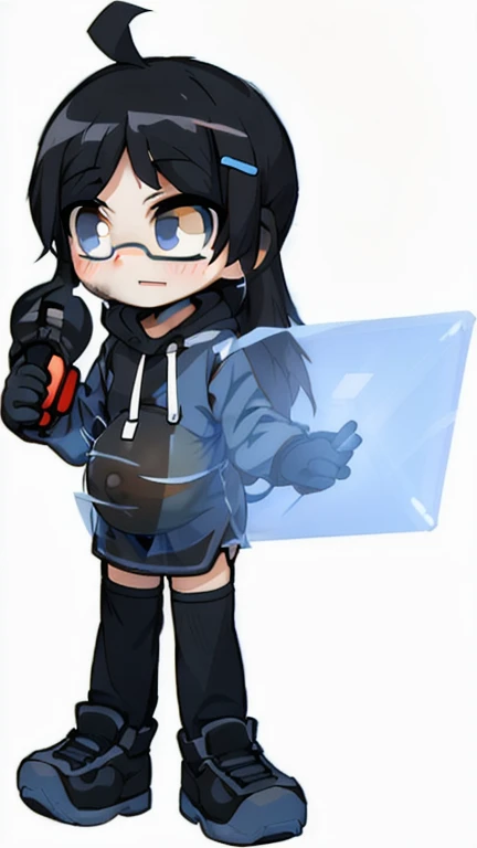 cartoon girl with a laptop and a glove, cel - shaded art style, visual novel sprite, unknown artstyle, cel shaded!!!, 2 d sprite, female protagonist 👀 :8, anime moe artstyle, advanced digital chibi art, live2d virtual youtuber model, full body!, clear outfit design, inspired by Leng Mei, 2 d anime style, pregnant belly