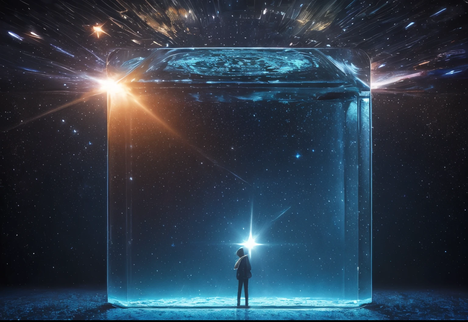 space, dreamlike, symbolism, surrealism, symbol, surreal, abstract, texture, concept art, 8k, shadowed, atmospheric, stars --uplight, square, (perfect square), (mirror), water, aquarium