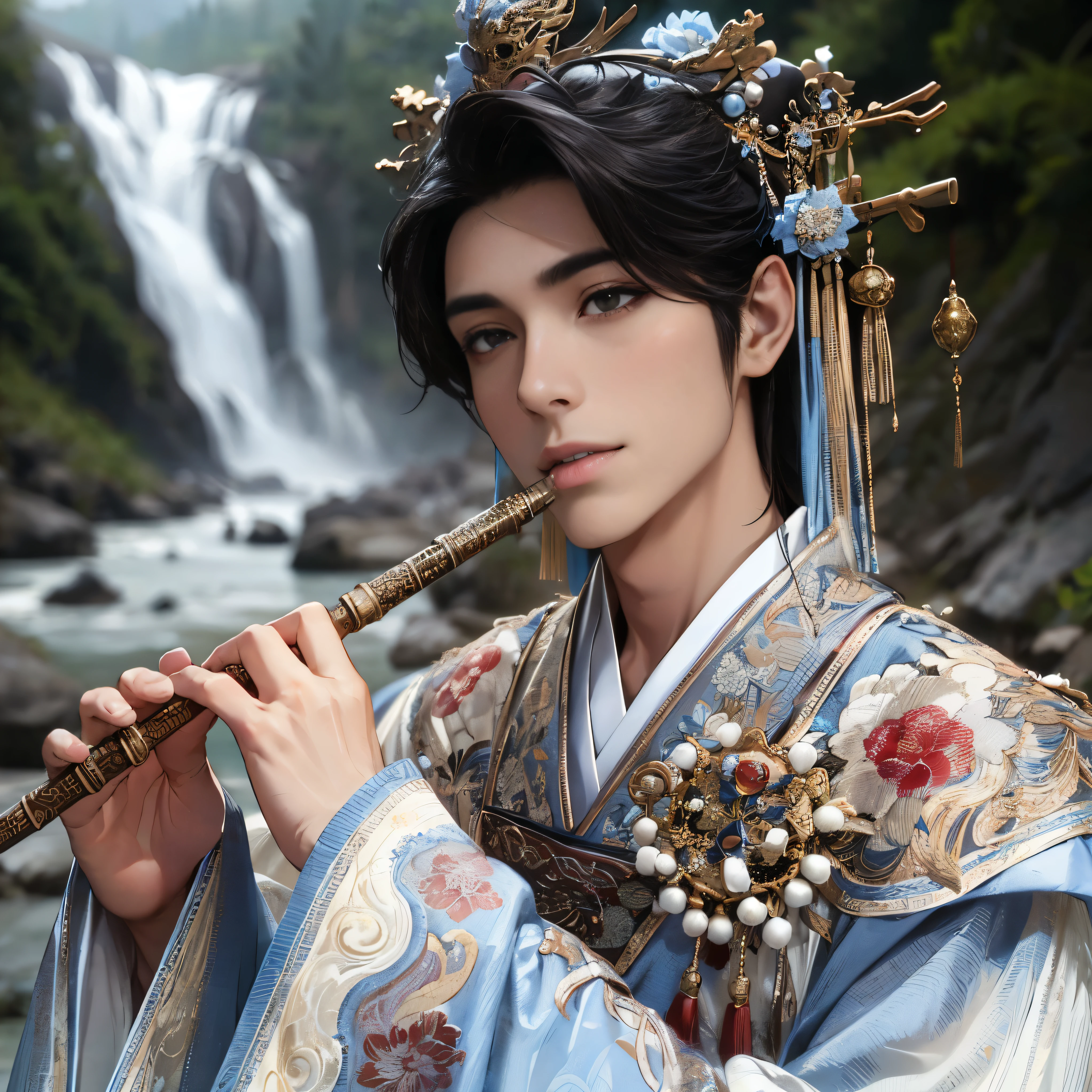 (Best Quality:1.2), (high resolution:1.2), (beautiful face and eye:1.2), (sharpest focus:1.2), (Ultra-realistic Photo:1.2), (Ultra-precise Photo:1.2), (Depth of field:1.2), (8k high resolution:1.2), (perfect anatomy:1.2), (nice hands:1.5),
(perfect hands:1.5), (Very young and masculine and dignified and beautiful Chinese male:1.5), (Beautiful nobleman:1.0), (A beautiful nobleman:1.0), (A shiny black hermit-like garment with fancy embroidery:1.0), (A gentle smile:1.3),
(Playing an iron flute:1.5), (A secluded hermit-like place deep in the mountains of China:1.0), (A mysterious fairyland:1.2), (Birds and animals gathered to listen to the sound of the flute:1.3), (Looking up angle:1.0),