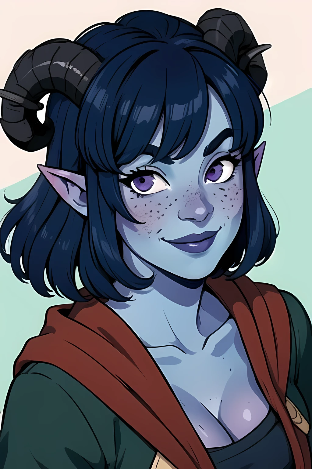 masterpiece, best quality, 1girl, jesterlavorre, blue hair,  purple eyes, blue skin, freckles, colored skin, horns, pointy ears,, tiefling, smile, looking at viewer, solo, mischievous smile, from above , cleavage 