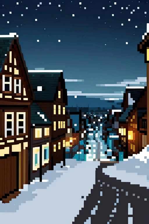 a view from above of a city covered in Bavarian half-timbered houses covered in snow and with a gray and dark sky and in pixel art