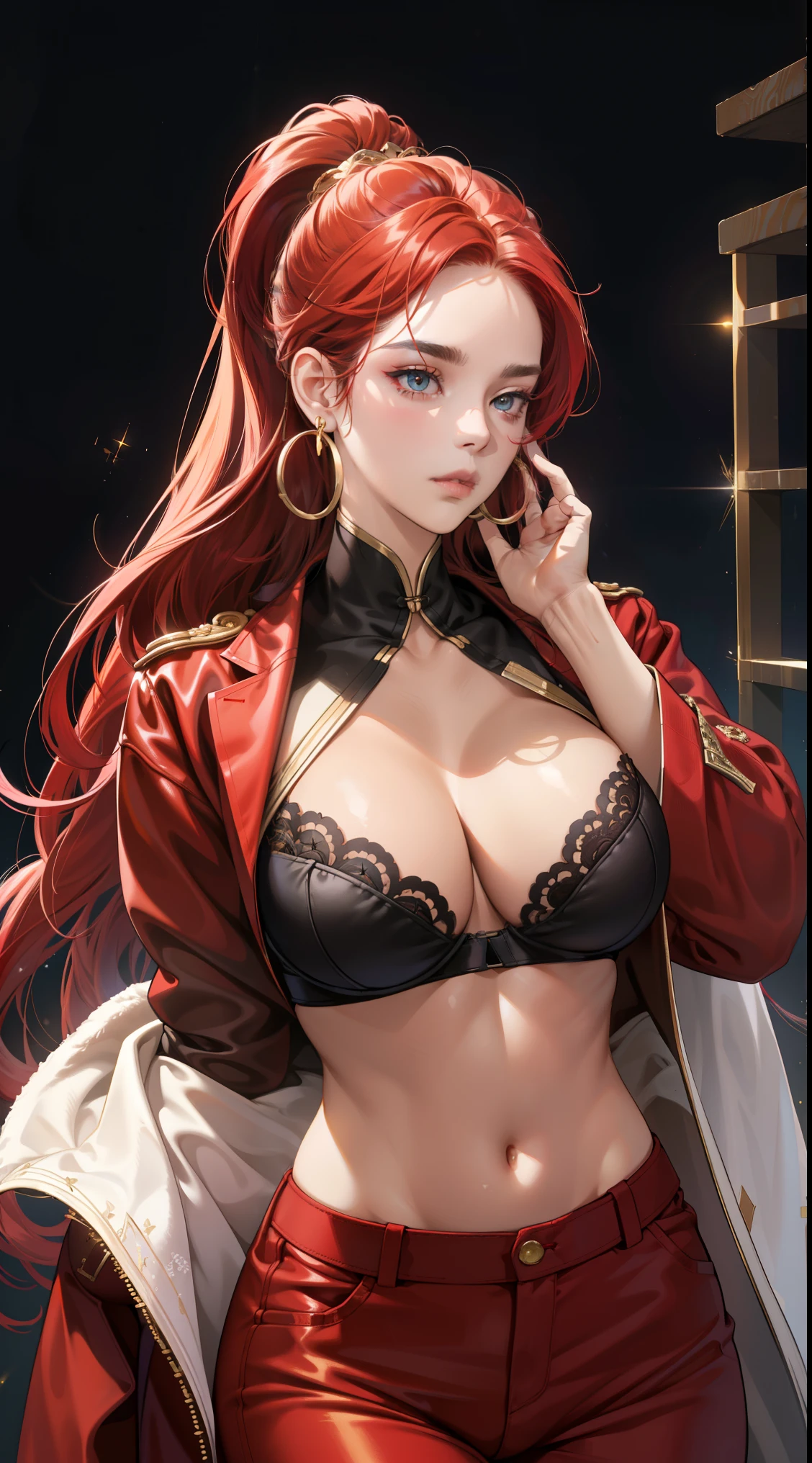 (best quality:1.5, highres, UHD, 4K, detailed lighting, shaders),best quality eyes, perfect hands, perfect finger , red floral haired, gradient hair, big breasts, red bra, big thighs, big butt, red jacket, red long pants, mature woman , (pov), black background, colorful eyeshadow, dramatic lighting, sparkling eyes, sensual expression, golden earrings, flowing hair, delicate facial features, dark skin, high cheekbones, urban setting, black background, dont look for the camera, lean forward, behind the camera