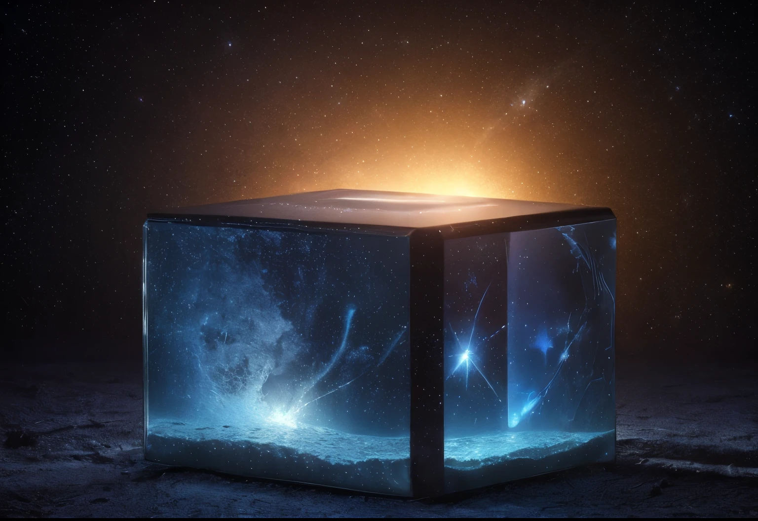 space, dreamlike, symbolism, surrealism, symbol, surreal, abstract, texture, concept art, 8k, shadowed, atmospheric, stars --uplight, square, (perfect square), water, aquarium, cube