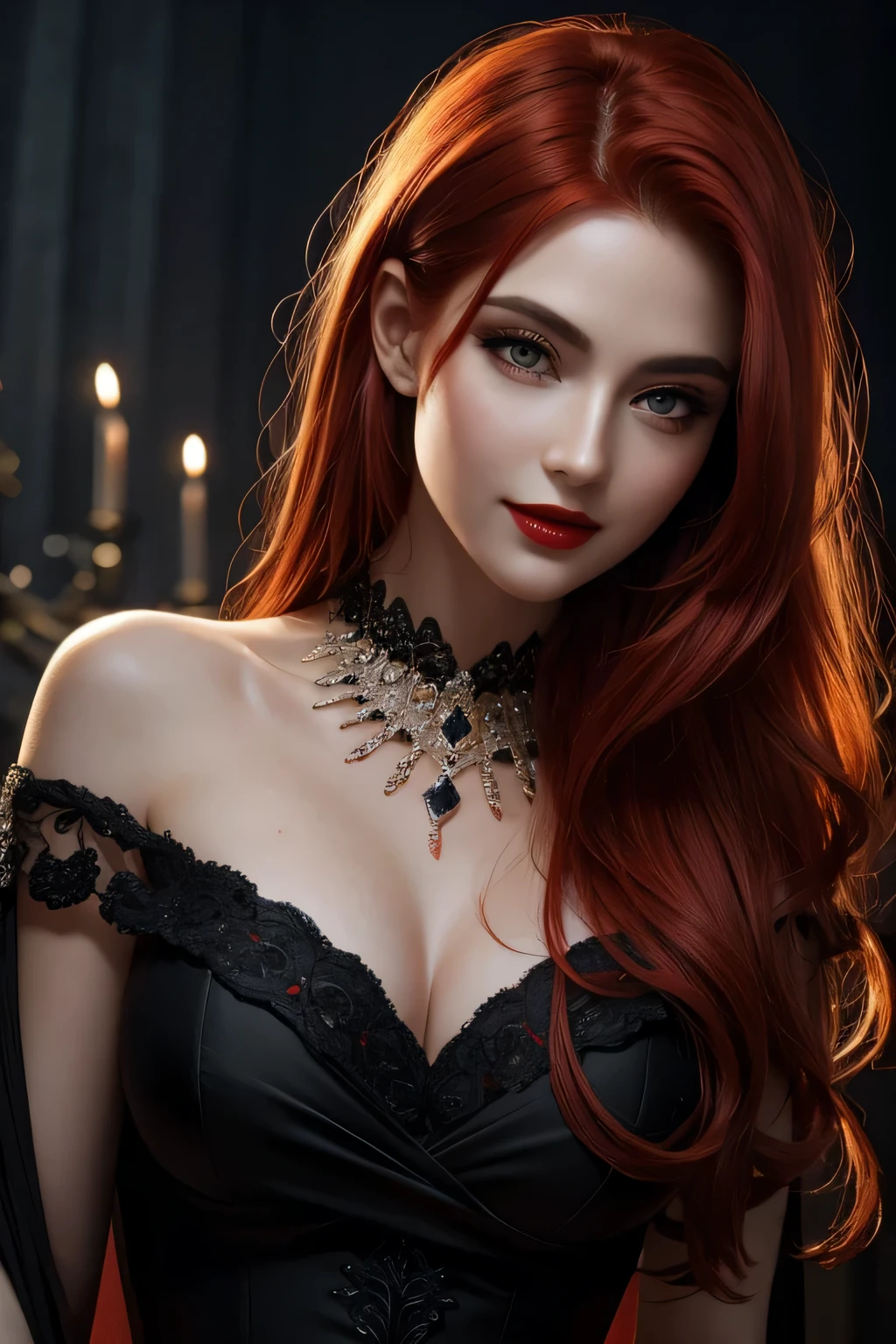 Up close face, (Masterpiece, Best Quality:1.3), absurdres, (8k resolution), illustration, ((outline, thick lineart)), (faux traditional media:1.3), looking at viewer,(masterpiece,best quality),HDR,high-definition,[[Intricate Details]],cinematic,photorealisticportrait shot, ((vivid red hair)), mature woman, 30 years old, diamond face, moonlight, red starry sky background, depth of field, magic, big red lips, ((dark black eyes)) black and red long and full dress, covered chest, mystical atmosphere, smile expression, posing, taut and well defined body, attractive. Highly realistic, pale skin, beautiful, hyperrealism, skin very elaborated, direct gaze ,flower_style,
