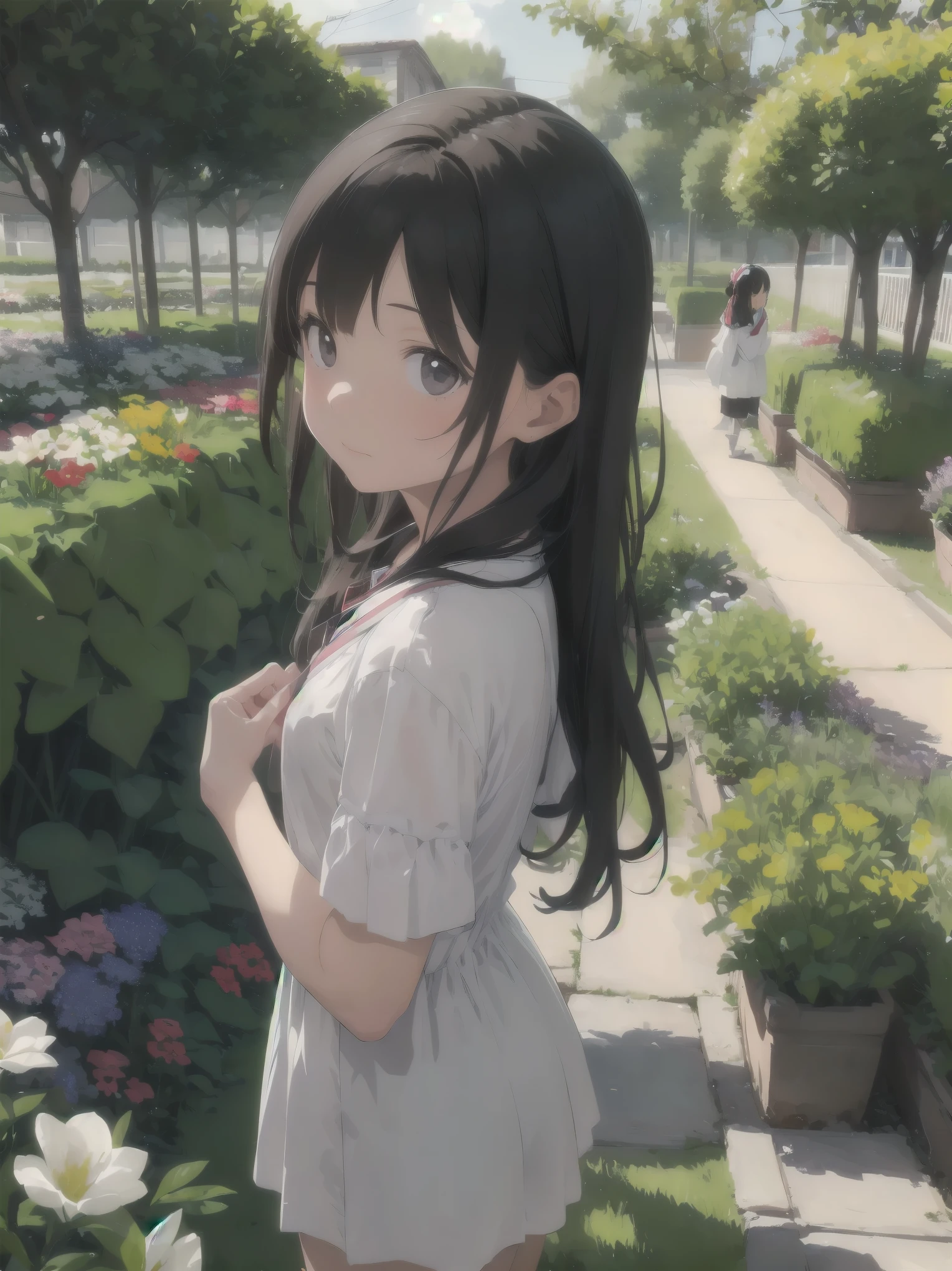 A patient girl admiring flowers in a flower garden