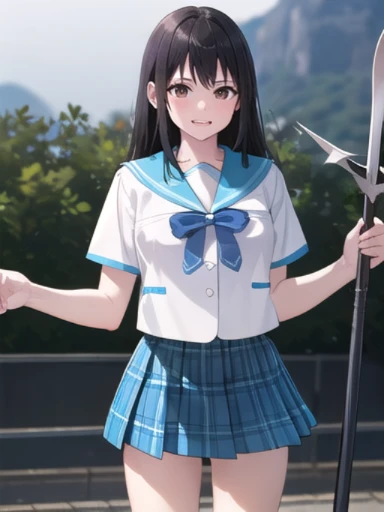 masterpiece, highest quality, super detailed, shine, shine光, ray tracing, Depth of the bounds written, (perfect face, detailed face, fine eyes,perfect handium :0.7),8k,super realistic face,ray tracing,perfect lighting,highest quality, super detailed, shine目, (looking at the viewer,smile:1.1), ((1 girl)), solo, skirt, , plaid skirt, plaid, black hair, smile, brown eyes, pleated skirt, polearm, weapon, holding weapon, holding, spear, blue skirt, blue bow, short sleeves, bow, looking at viewer, holding polearm, serafuku, white shirt, shirt, standing, medium hair, miniskirt, cowboy shot, sailor collar, smile, blush, outdoor, Day, simple background,looking at the viewer, moody lighting, , smile, blush, outdoor, Day, simple background, blue sky, empty, temple, looking at the viewer, stage, Mountain, moody lighting, face-to-face audience,