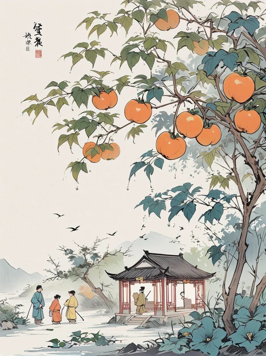 A group of children picking persimmons under a persimmon tree, Jiangnan countryside, Chinese children's book illustration, in the style of Feng Zikai, minimalism, line art, ink and yellow colors,white background