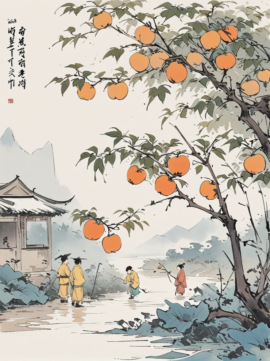 A group of children picking persimmons under a persimmon tree, Jiangnan countryside, Chinese children's book illustration, in the style of Feng Zikai, minimalism, line art, ink and yellow colors,white background