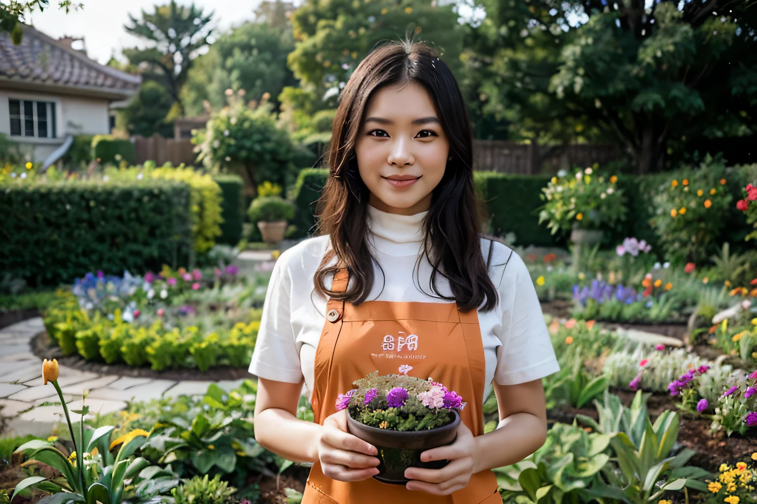 Super realistic, a Chinese woman is gardening in a beautiful garden with all kinds of flowers with gentle smile, black hair, perfect face, wearing orange color gardening apron, turtleneck T-shirt, holding a pot of flower, masterpiece,