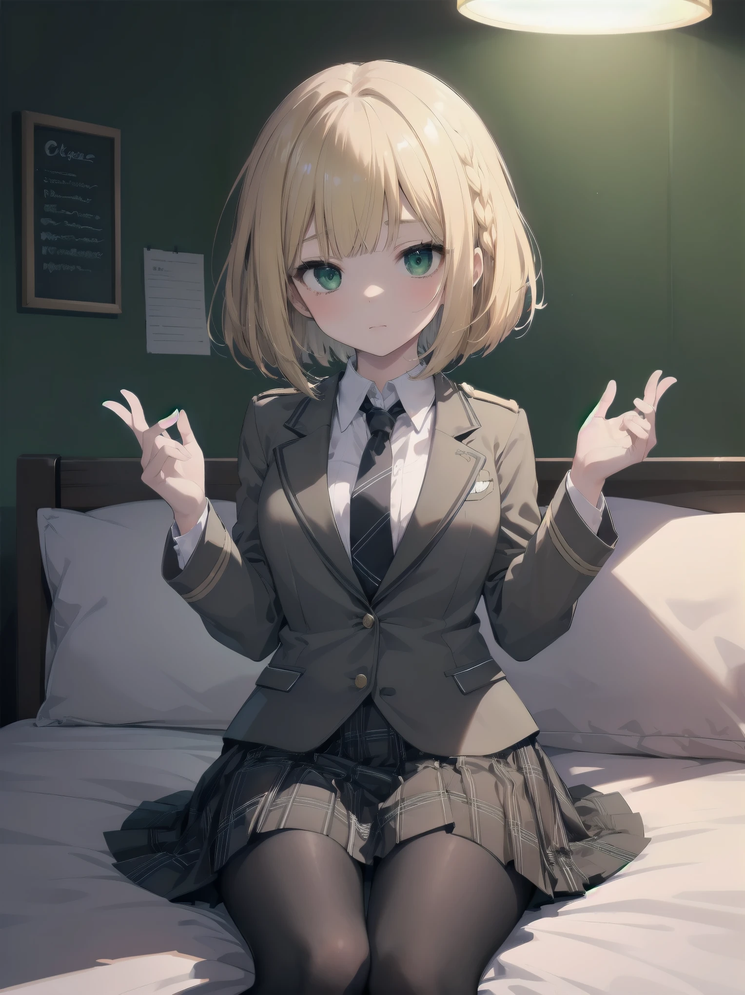 Top-High quality、Highest image quality、masterpiece、high contrast、Vulgarity、erotic expression、high school girl、on the bed、blonde、Bob cut braids、uniform、(brown blazer)、ribbon tie、(Green and gray plaid skirt)、(black tights)、cinematic lighting、fine shading、cute、Truly unbelievably cute absurd
