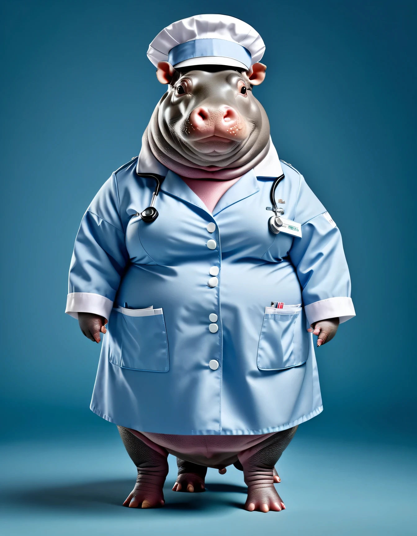 photorealistic portrait of Dressed animals - a ((fat)) hippo nurse,(elegant pose:1.2 ),(), high quality,(lovely) ,intricate details, highly detailed ((female nurse costume)), wearing nurse cap , highly detailed medical equipment , (happy), studio lighting,(full body image:1.5),(simple background)