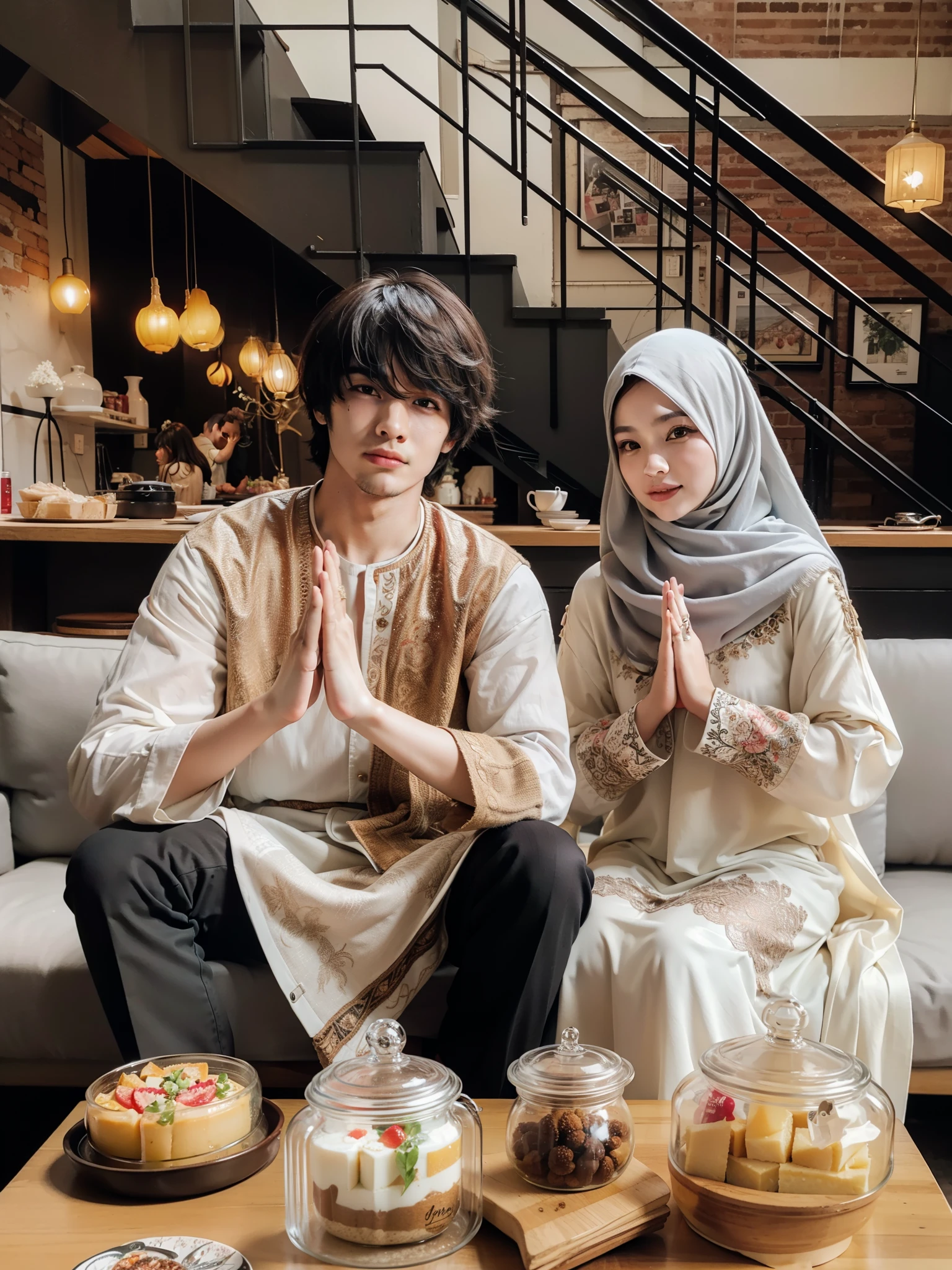 there are two people sitting on a couch with food on the table, lovely couple, portrait shot, couple pose, shot on canon eos r 5, shot on canon eos r5, couple, traditional clothes, wearing traditional garb, portrait shot 8 k, shot with canon eoa 6 d mark ii, happy couple, shot on nikon z9