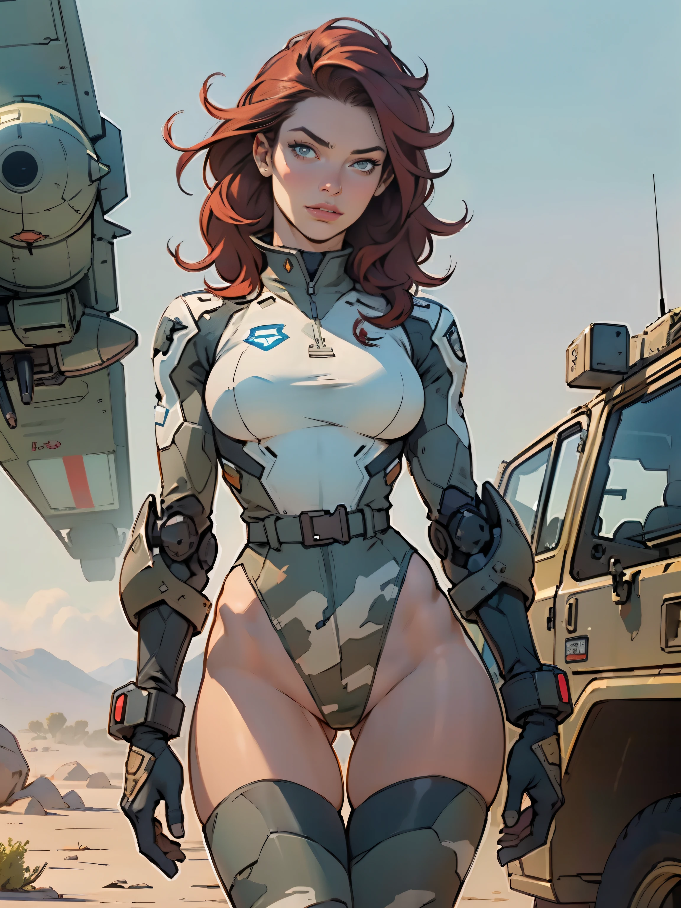 1woman 20 years old, military, beautiful, perfect body, realistic, red hair, perfect body, thin waist,  , large breasts, slim thighs, desert background, armored vehicle, flying fighters, military robot dog, camouflaged uniform, wealth of details, tight panties, marking on the front, slender knees, highly detailed, high resolution, prefect hands, slender thighs, show knees, thigh gap, alert eyes