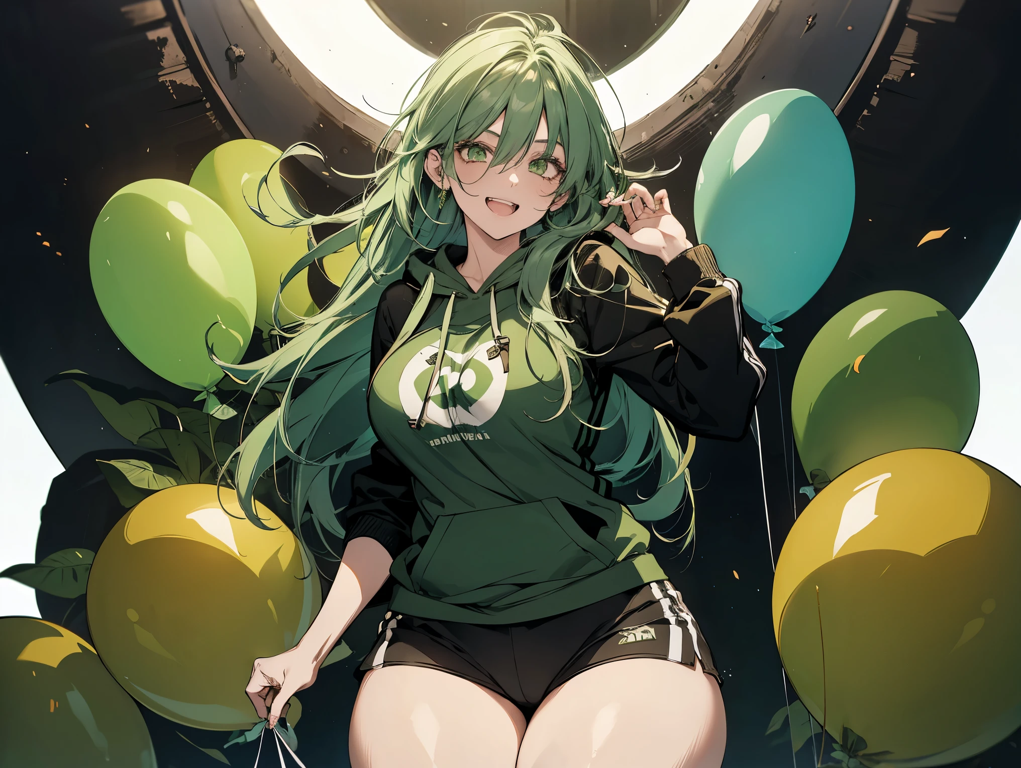 1female, teacher, wearing a dirty green tint hoodie, bootyshorts, Thicc, big breast, dirty green tint hair, long hair, white eyes, face to detail, detailed eyes, the background is a Dark room, staring into the screen, laughing, holding a green balloon