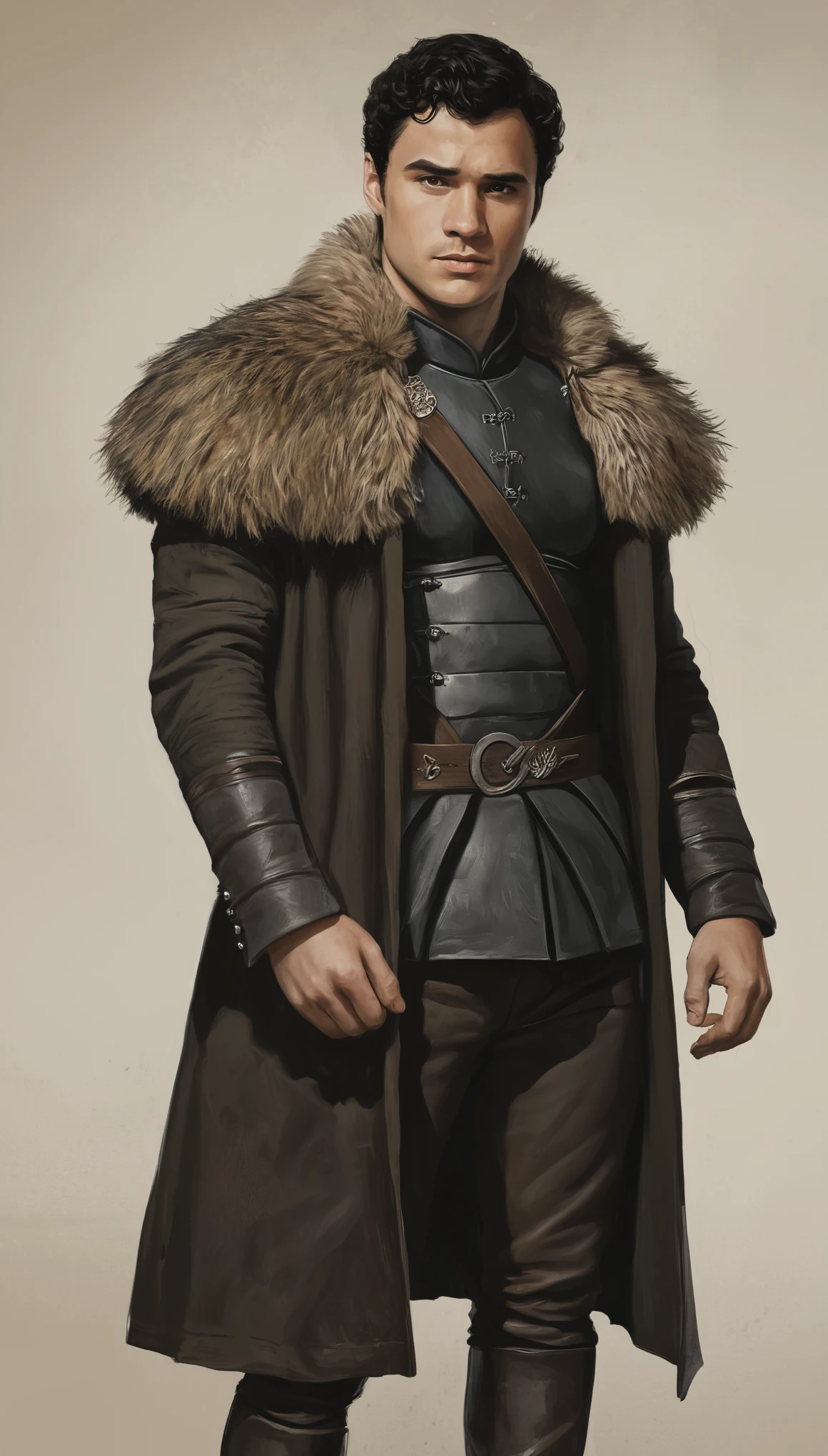 An illustrated movie poster, hand-drawn, full color, a Westerosi man, 28 years-old, wearing a long coat, resembles Gavin Leatherwood, sun-tanned skin, athletic physique, deep brown eyes, wide bulbous nose, black hair, short curly hair, thick bushy eyebrows, extremely hairy chest, stomach, and arms, lots of body hair, posing on a pedestal, hard shadows, graphite shading, stencil markings, airbrushed acrylic paint, masterpiece, in the style of Game of Thrones