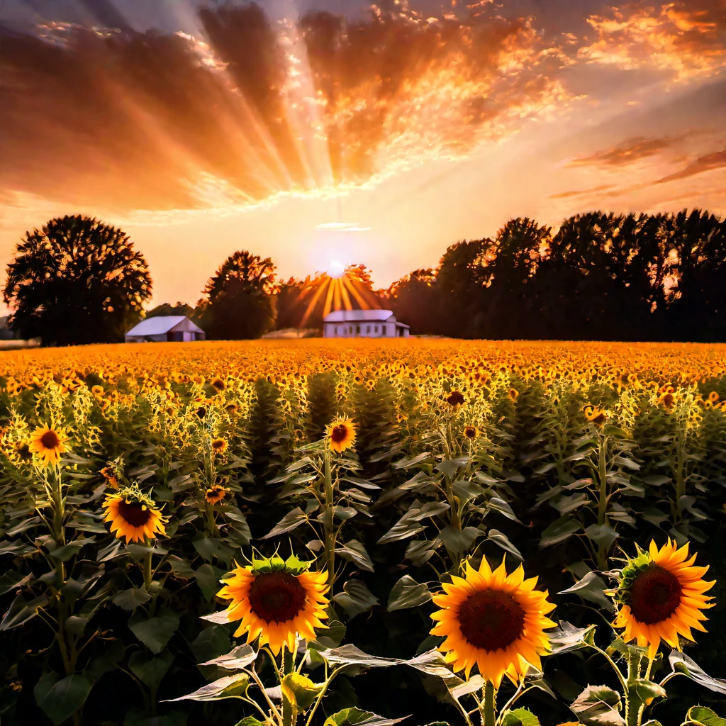 A stunning photography in high definition of a sunset with a field of sunflowers in the foreground. The sun is setting on the horizon, casting a warm glow over the scene. The sky is a gradient of orange and pink hues, suggesting that the photo was taken during the golden hour, which is often considered the best time for photography due to the soft, diffused light. In the background, there are silhouettes of trees and what appears to be a building, indicating that the field is located near a residential or rural area. The sunflowers are in full bloom, with their large, bright yellow petals facing the sun. The overall style of the image is serene and picturesque, with a focus on the natural beauty of the sunset and the sunflowers.