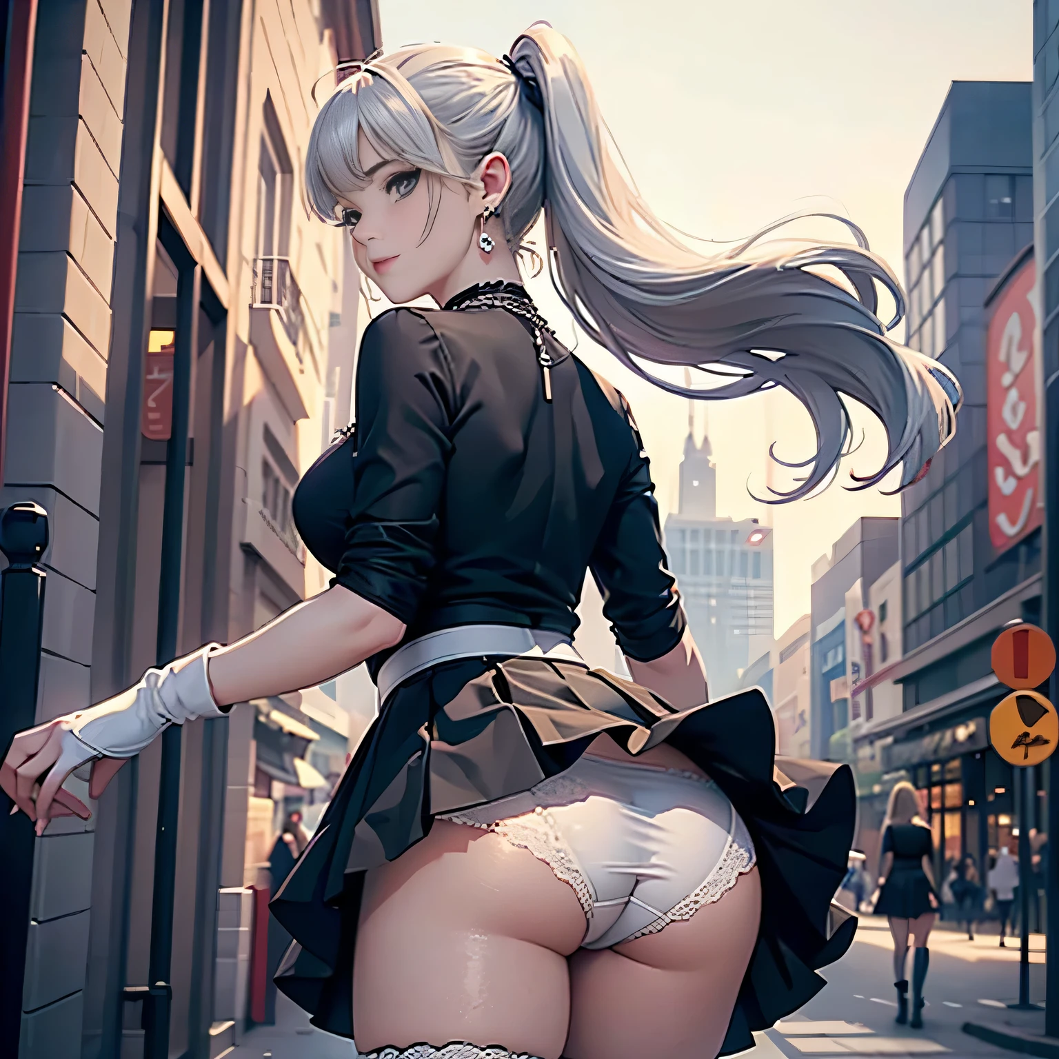 (Vulgar,nsfw),((butts and back focus,looking back)),
(skirt lift,very windy),(beautiful elegant white panties),very low angle,from below,((masterpiece, highest resolution,best quality)), (beautiful photo realistic illustration),((semi long beautiful hair,blunt bangs,pony tail,beautiful eyes)), (solo),(beautiful elegant office blouse and black skirt,skirt lifted by the wind),(looking at the viewer), (walking around the shopping mall),
(innocent smile, Embarrassed),(white over-kneehighs,Lace chalker, wristband, fingerless gloves, over-kneehighs,
Lace chalker, diamond necklace,wristband, black gloves, earrings), (cinematic lighting, very windy),shopping mall,big city,busy street,day,blue sky,flowers and trees,crowded, (from the ground),(beautiful elegant Underwear patterns),