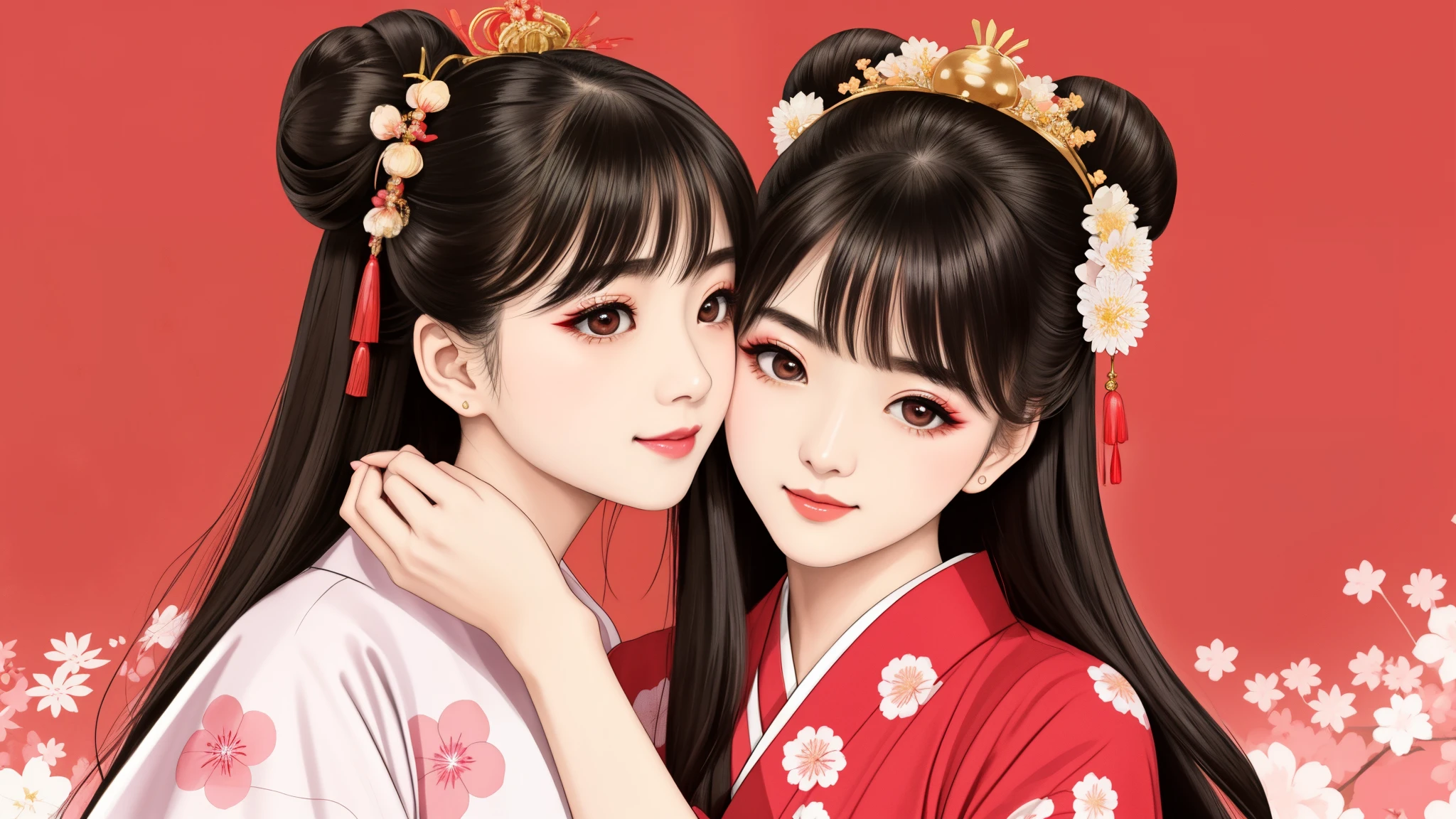 Each has a different expression2People and sisters、(2 girls)、⦅Dancing traditional performing arts gracefully)、((big breasts、small face、not exposed))、highest quality、masterpiece、(black hair、Bun Hair)、brown eyes、⦅wide angle、Angle from above, from the waist up、雑誌の表紙のPause、Each person has a different perspective when looking into the distance⦆、(8K high quality、masterpiece、High resolution、Realistic and beautiful light and shadow、(highest quality)、(high resolution)、(very delicate and beautiful)、(beautiful 8k face)、(Close your eyes while smiling、Beautiful eyes)、(Transparent skin)、(soft hair)、(8head and body)、(Japanese-style yukata kimono with red, pink, and orange floral patterns on a white background, mixed with gold powder、Five beautiful Japanese girls wearing yukata)、((tanabata decoration background))、((small face))、(arms up)、thin and small nose、(red lipstick)、(make cheeks red)、(Glossy skin)、((Ink painting style))、extremely thin eyebrows、Overall super high quality、(She wears maiko-style makeup)、Whitening、long and beautiful eyelashes、Glossy skin、(red cheeks),straight nose、masterpiece、highest quality、whole body、 eyebrows visible through hair、Bun Hair、grin、gal、コgal、Viewer's perspective、Plaid、Fashionable、woman、fine、Pause、
Waiting to start