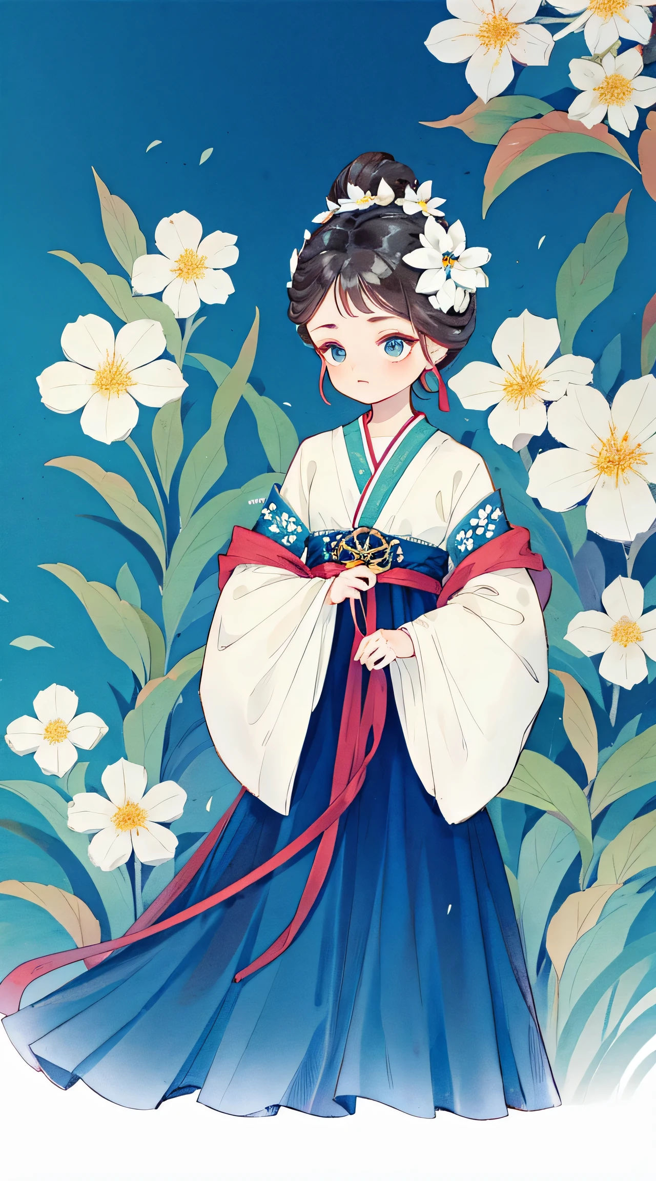 1 Sister, Alone, looking at viewert, face flushed, Background with, black hair color hair, hair adornments, longer sleeves, white backgrounid, everlasting, Full body lesbian, flowers blooming, hairflower, hair-bun, butterflys, tmasterpiece, recent quality, The finest details, Clear facial features, beautidful eyes