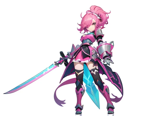 Pink hair anime girl holding a sword and a pink and blue sword, shining pink armor, katana zero video game character, knights of zodiac girl, with large sword, cushart krenz key art feminine, hero 2 d fanart artsation, style of duelyst, armor girl, Holy Knight Costume,