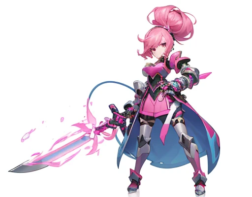 Pink hair anime girl holding a sword and a pink and blue sword, shining pink armor, katana zero video game character, knights of zodiac girl, with large sword, cushart krenz key art feminine, hero 2 d fanart artsation,  style of duelyst, armor girl, Holy Knight Costume,