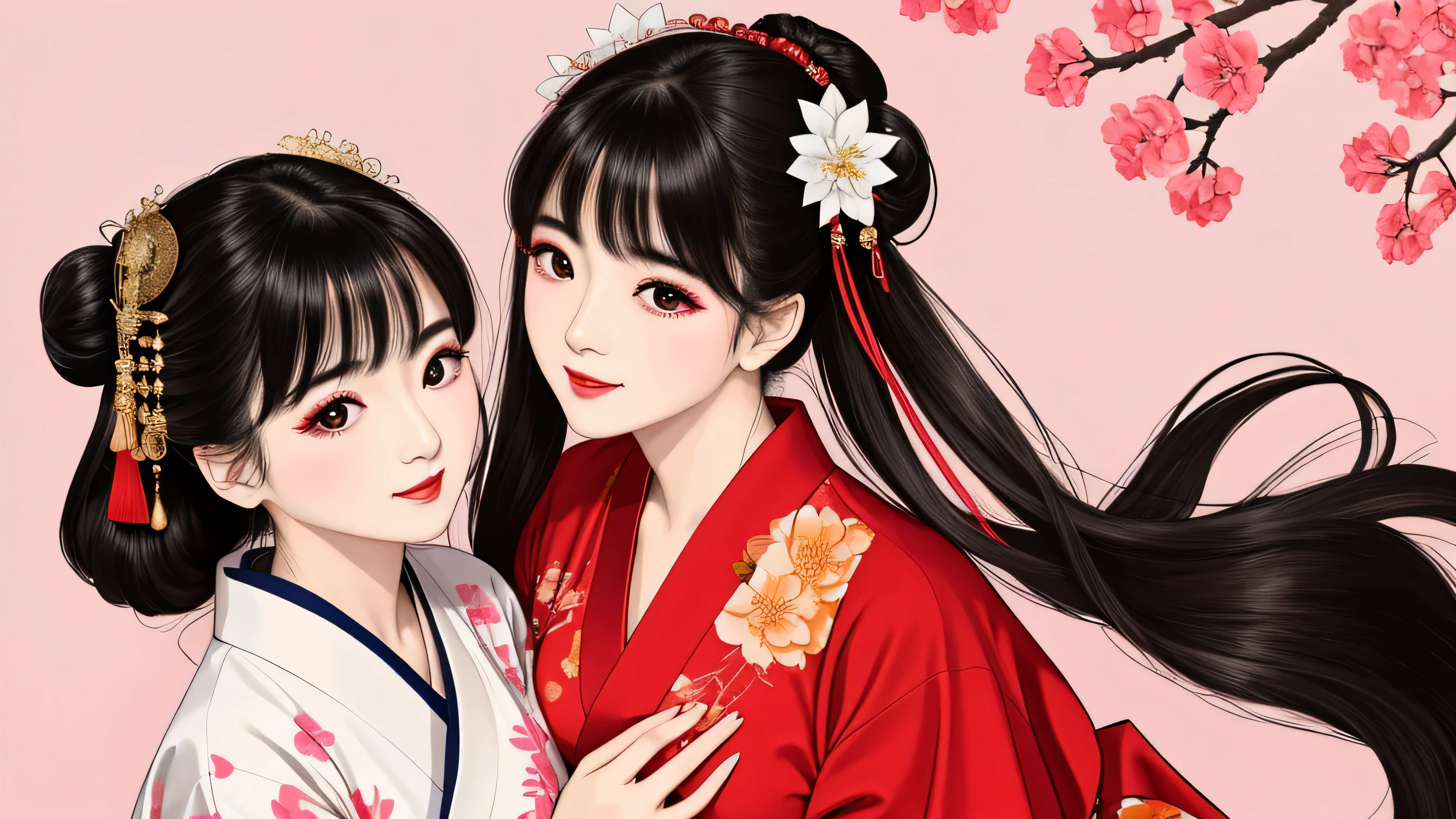 Each has a different expression2People and sisters、(2 girls)、⦅Dancing traditional performing arts gracefully)、((big breasts、small face、not exposed))、highest quality、masterpiece、(black hair、Bun Hair)、brown eyes、⦅wide angle、Angle from above, from the waist up、Pause on the magazine cover、Each person has a different perspective when looking into the distance⦆、(8K high quality、masterpiece、High resolution、Realistic and beautiful light and shadow、(highest quality)、(high resolution)、(very delicate and beautiful)、(beautiful 8k face)、(Close your eyes while smiling、Beautiful eyes)、(Transparent skin)、(soft hair)、(8head and body)、(Japanese-style yukata kimono with red, pink, and orange floral patterns on a white background, mixed with gold powder、wearing a yukata2Japanese beautiful girl)、((tanabata decoration background))、((small face))、(arms up)、thin and small nose、(red lipstick)、(make cheeks red)、(Glossy skin)、((Ink painting style))、extremely thin eyebrows、Overall super high quality、(She wears maiko-style makeup)、Whitening、long and beautiful eyelashes、Glossy skin、(red cheeks),straight nose、masterpiece、highest quality、whole body、 eyebrows visible through hair、Bun Hair、grin、gal、Kogal、Viewer's perspective、Plaid、Fashionable、woman、fine、Pause、
Waiting to start